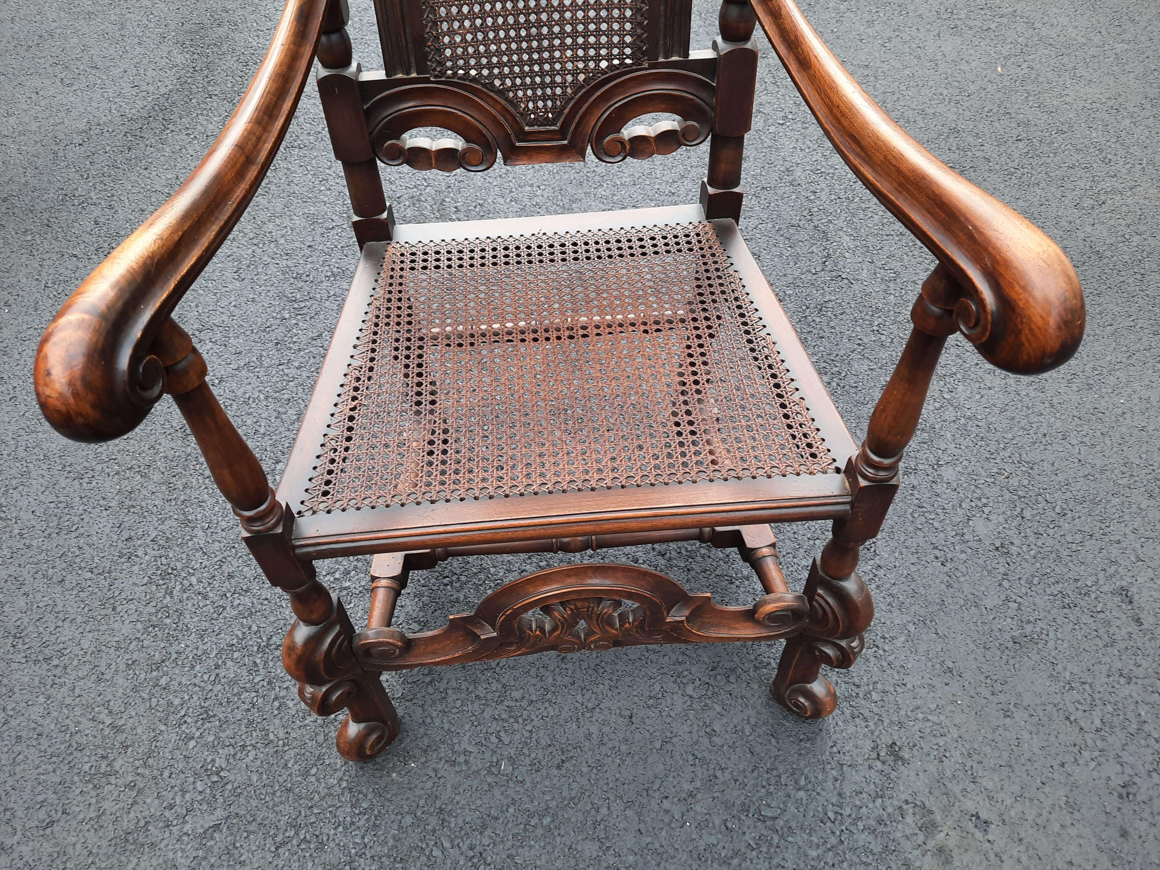 Edwardian Hand Carved Oak and Cane Armchair, Circa 1920s For Sale 4