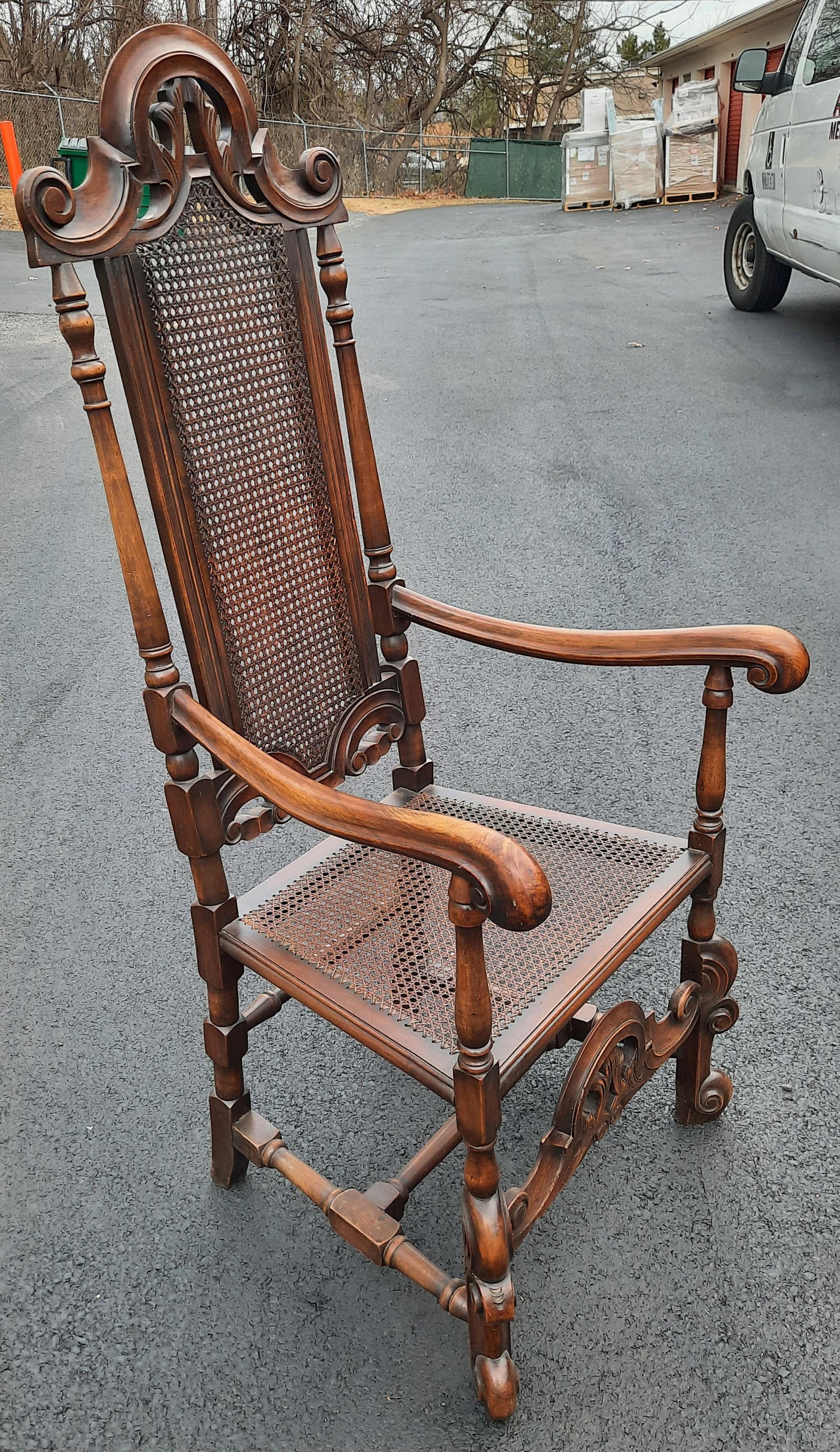 Hand-Carved Edwardian Hand Carved Oak and Cane Armchair, Circa 1920s For Sale