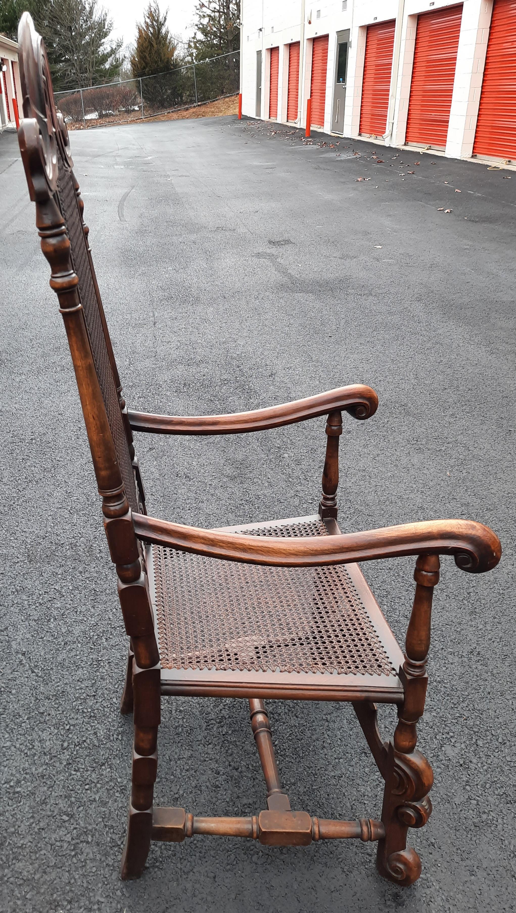 Edwardian Hand Carved Oak and Cane Armchair, Circa 1920s In Good Condition For Sale In Germantown, MD