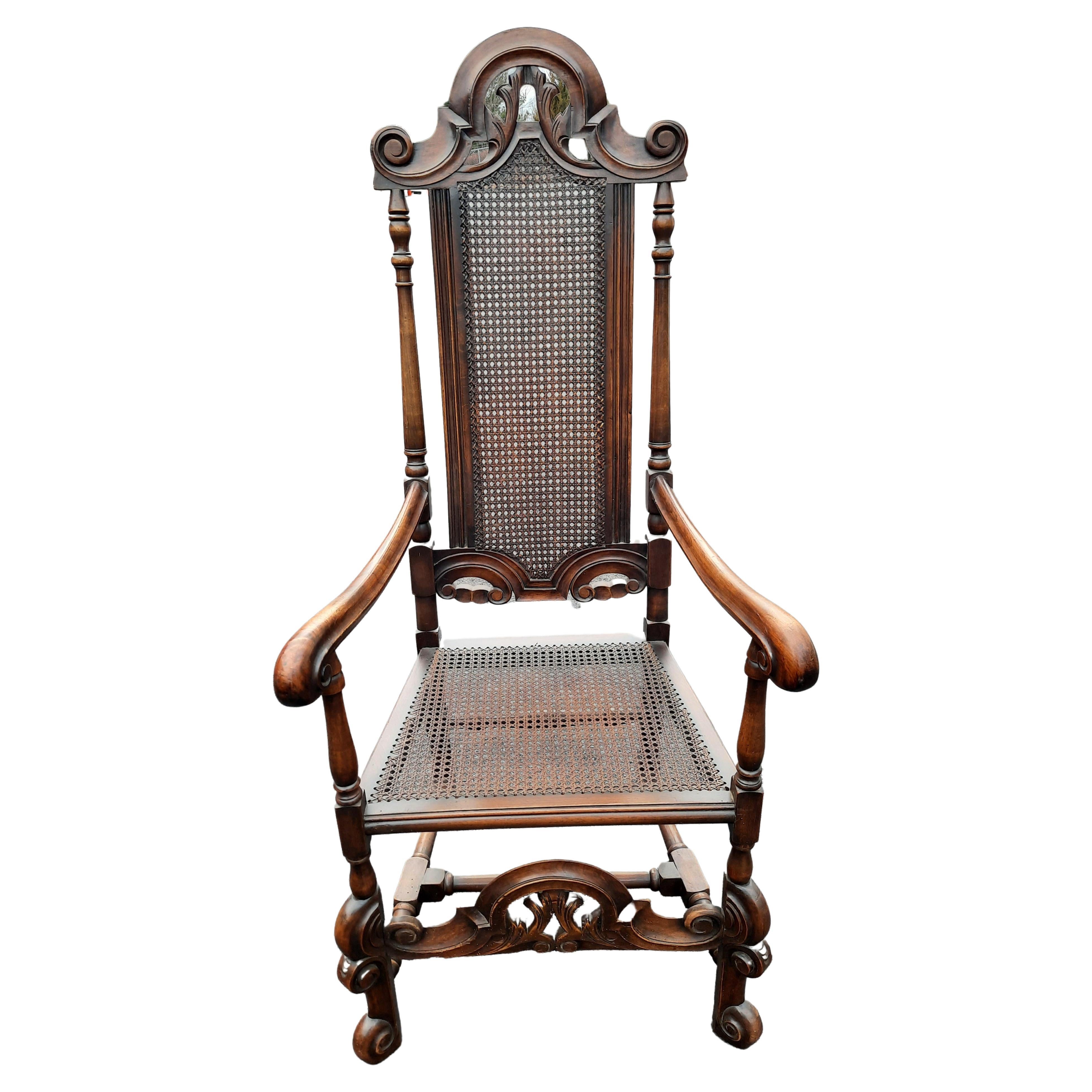 Edwardian Hand Carved Oak and Cane Armchair, Circa 1920s