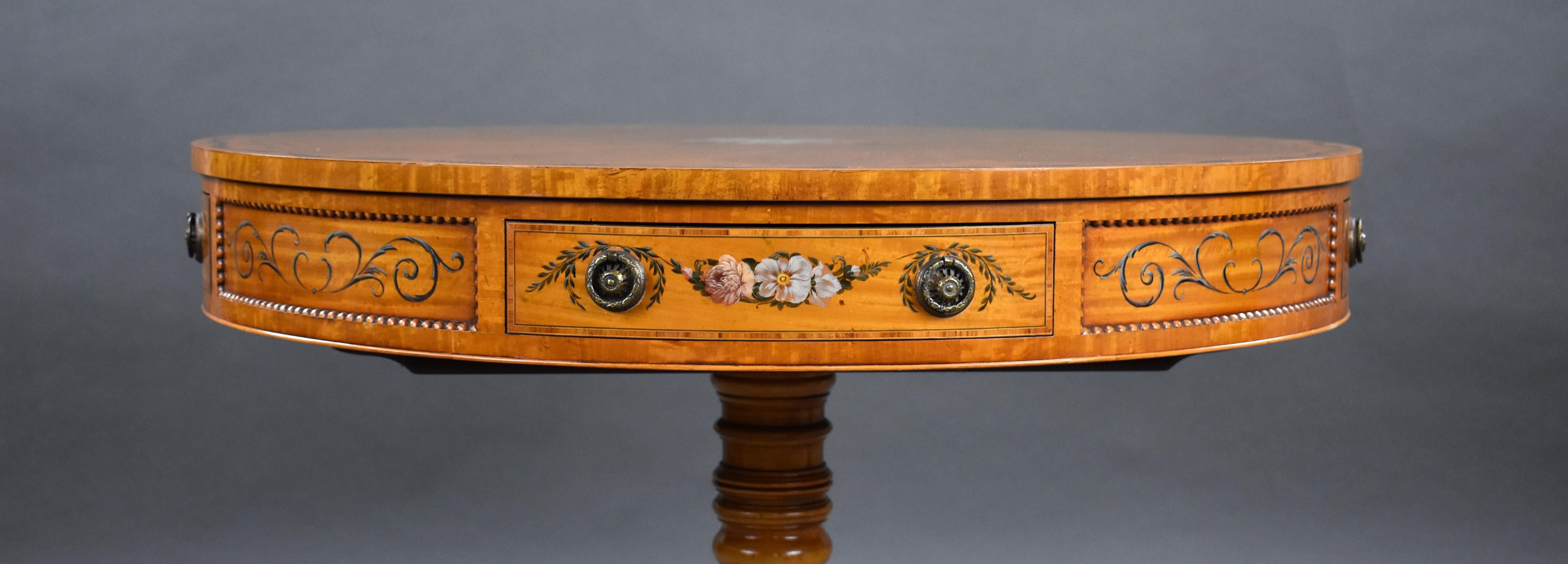 Edwardian Hand Painted Satinwood Drum Table For Sale 4