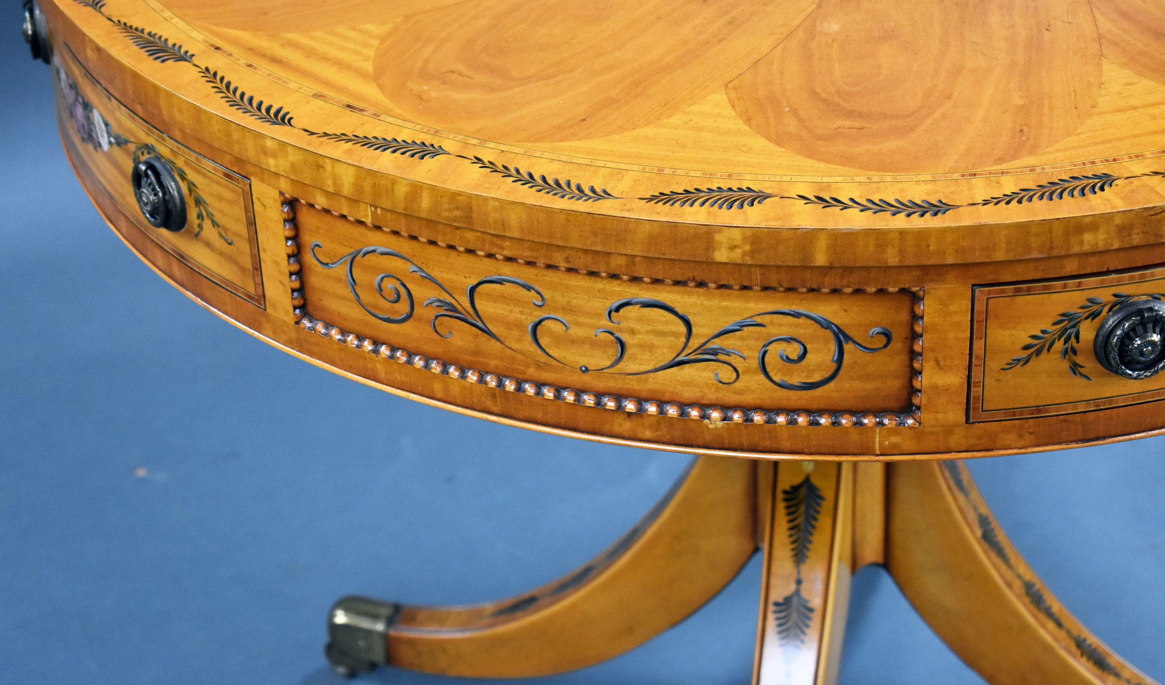 Edwardian Hand Painted Satinwood Drum Table For Sale 9
