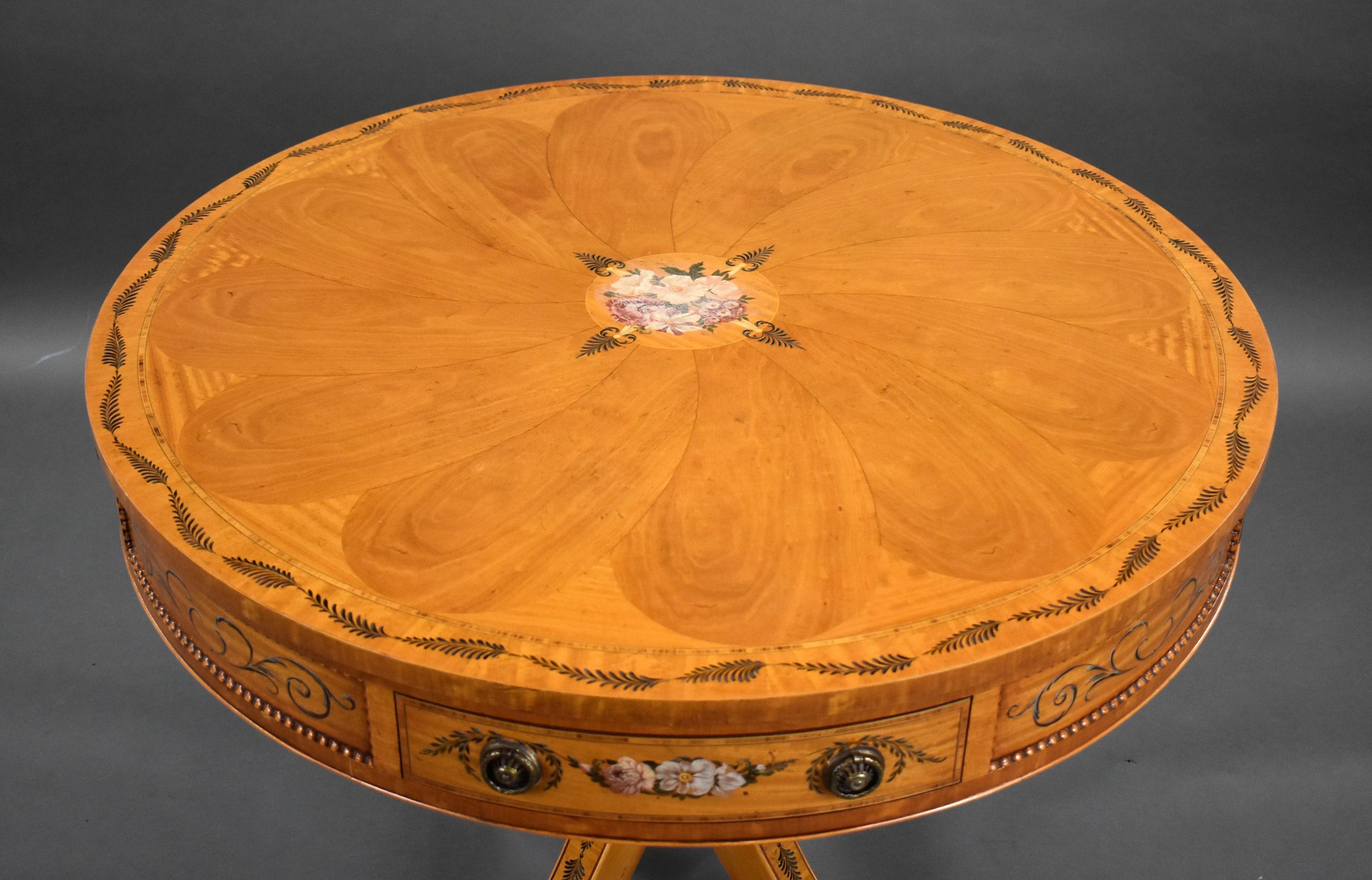 English Edwardian Hand Painted Satinwood Drum Table For Sale