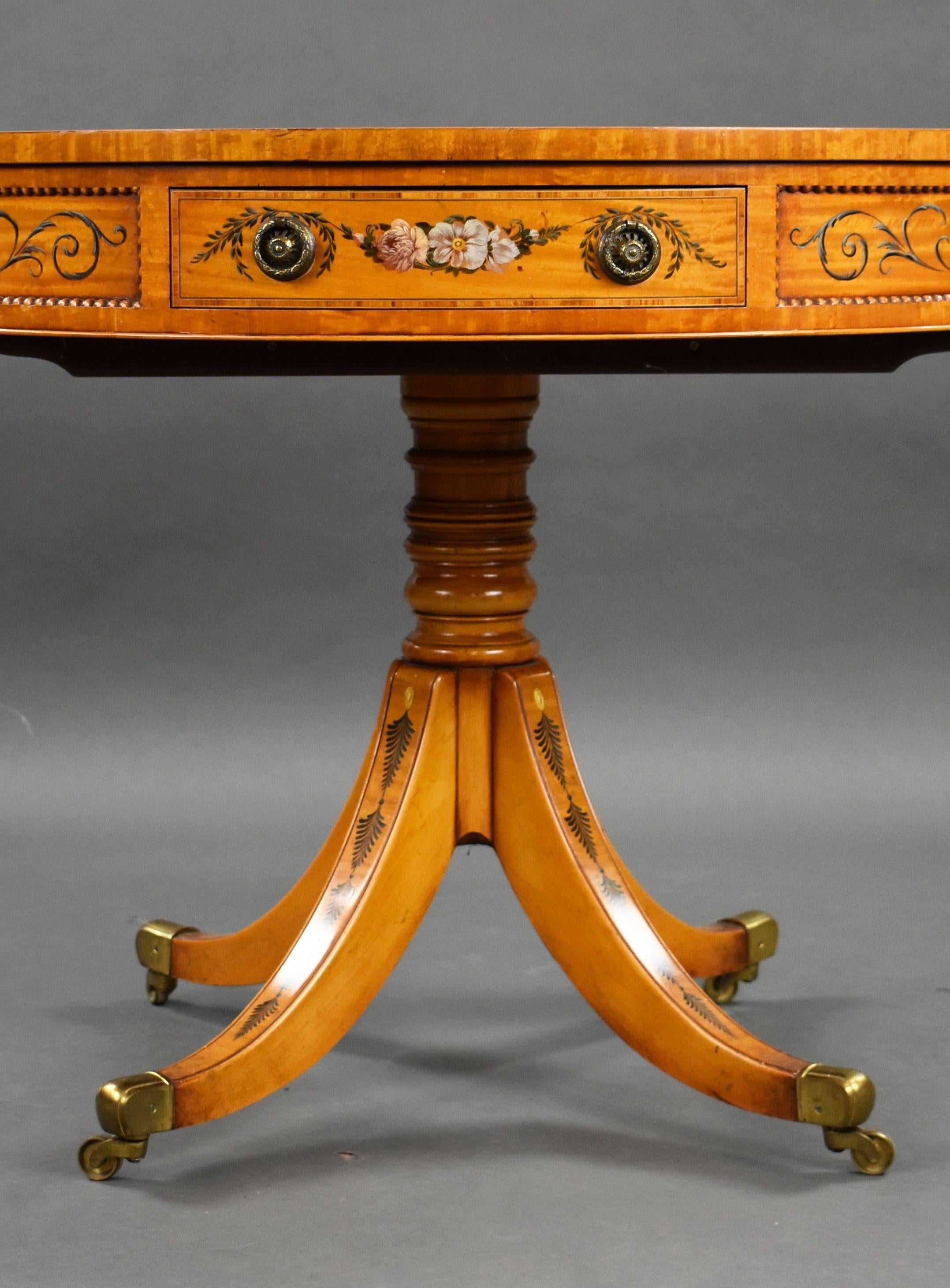 20th Century Edwardian Hand Painted Satinwood Drum Table For Sale