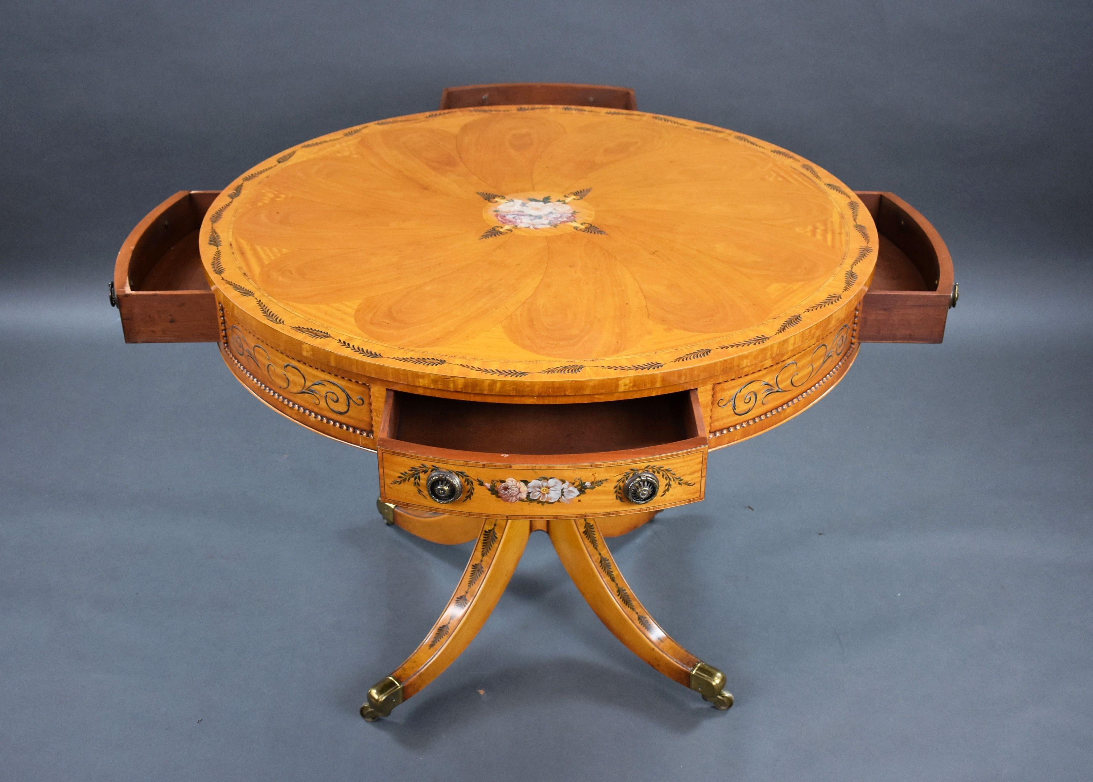 Edwardian Hand Painted Satinwood Drum Table For Sale 3