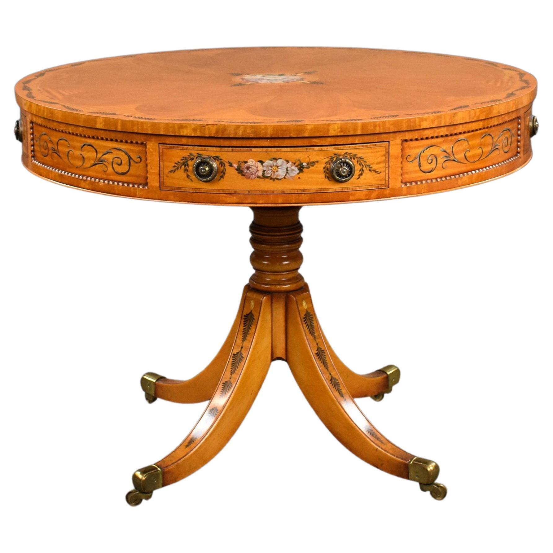 Edwardian Hand Painted Satinwood Drum Table For Sale