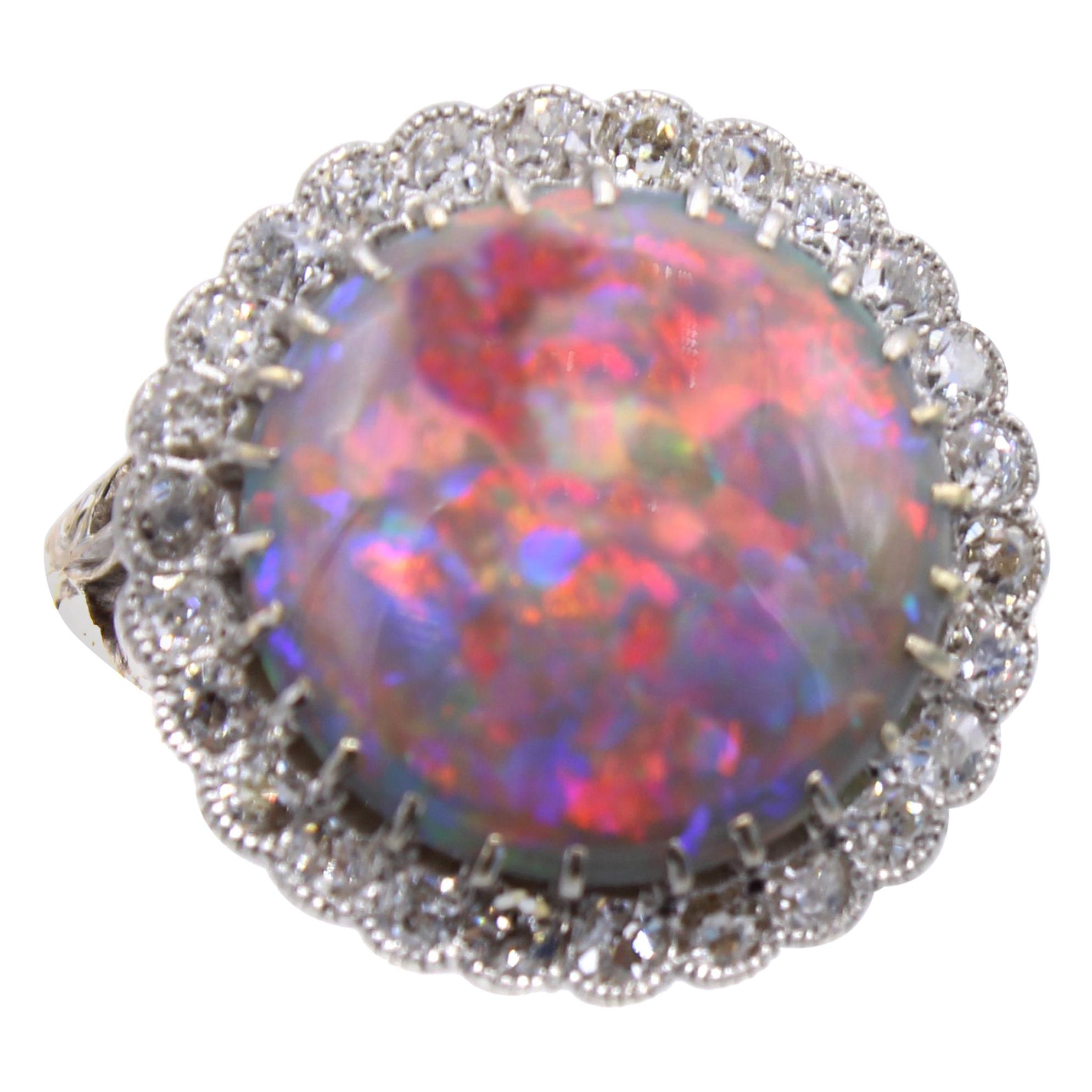 Edwardian Harlequin Australian Black Opal Diamond 18 Karat Gold Ring