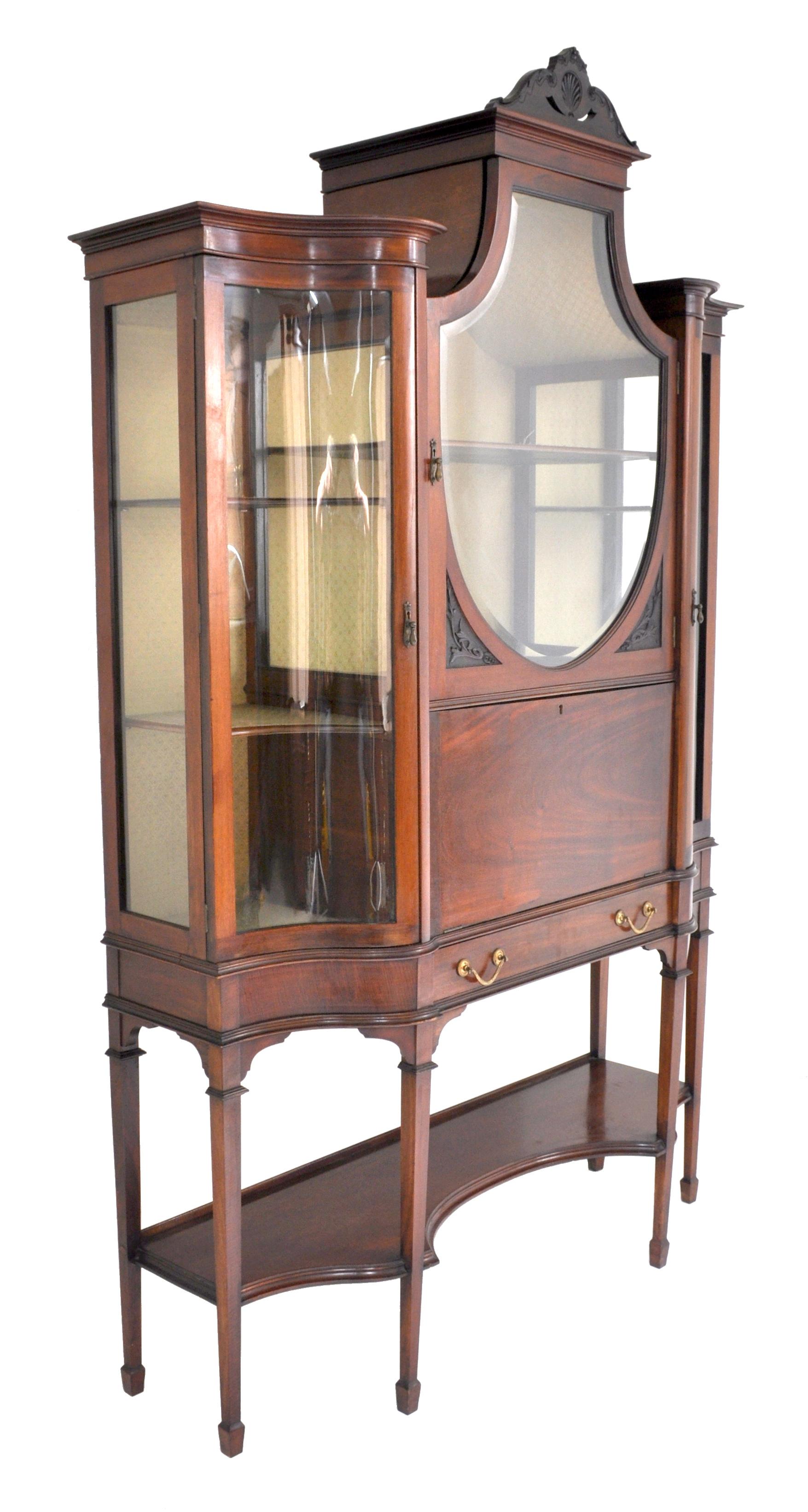 Carved Edwardian Hepplewhite Revival Mahogany Secretary Desk/China Cabinet, circa 1890