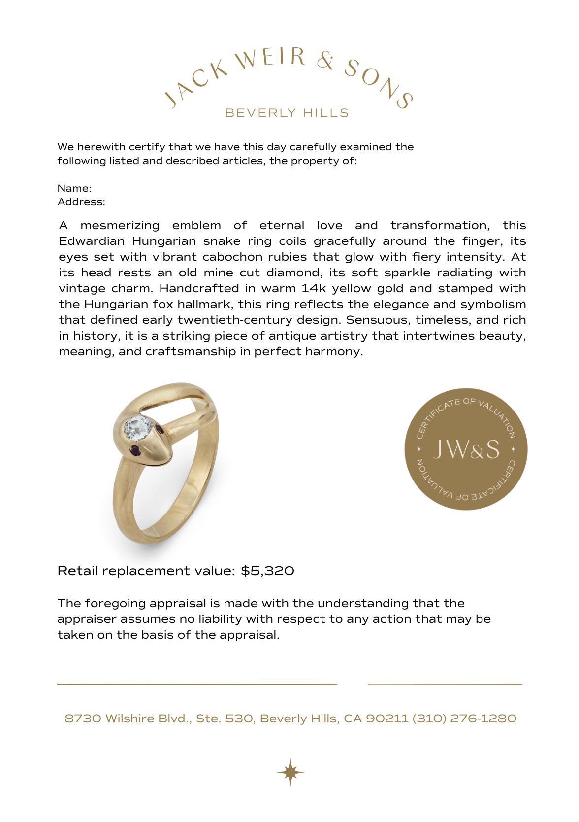 Bague serpent en or jaune 14k, diamant rubis hongrois édouardien en vente 1