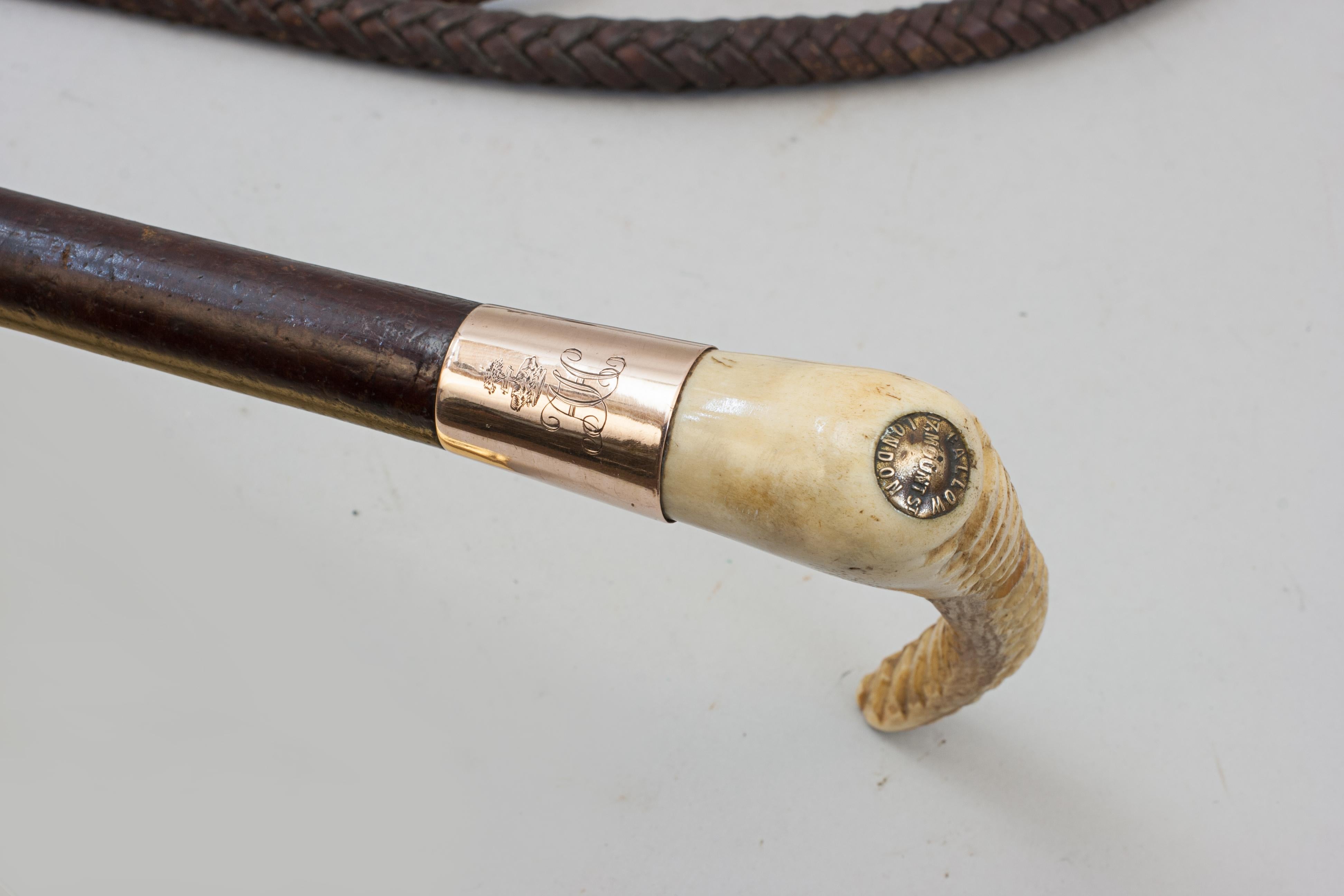 Antler Edwardian Hunting Whip With Gold Mounts For Sale