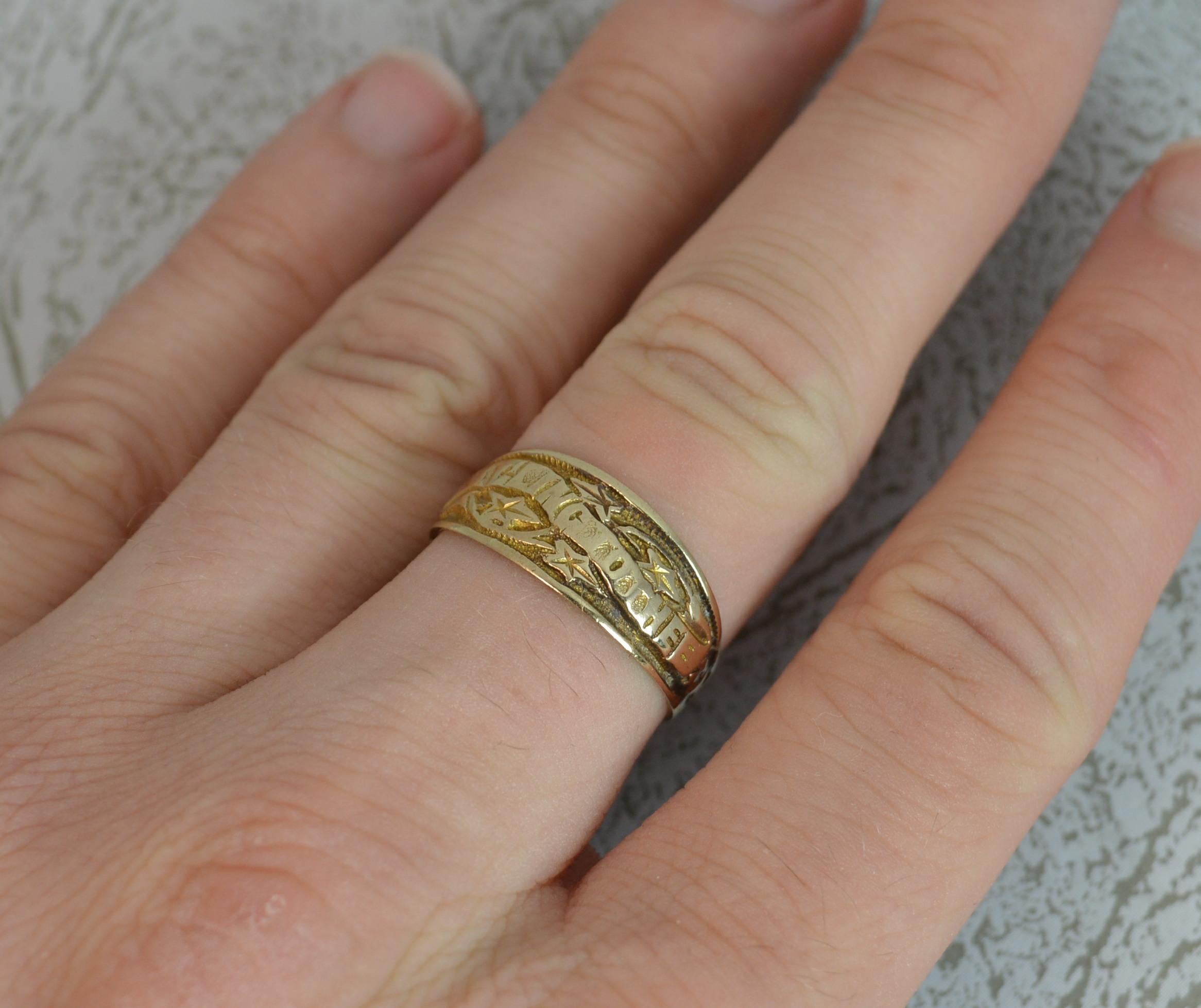 A superb Edwardian period band ring in solid 9 carat rose gold with hand engraved design.
SIZE ; P UK, 7 3/4 US
​Designed with the phrase 'I Cling To Thee'. The statement is rendered in bold capital block letters with a smooth surface against a