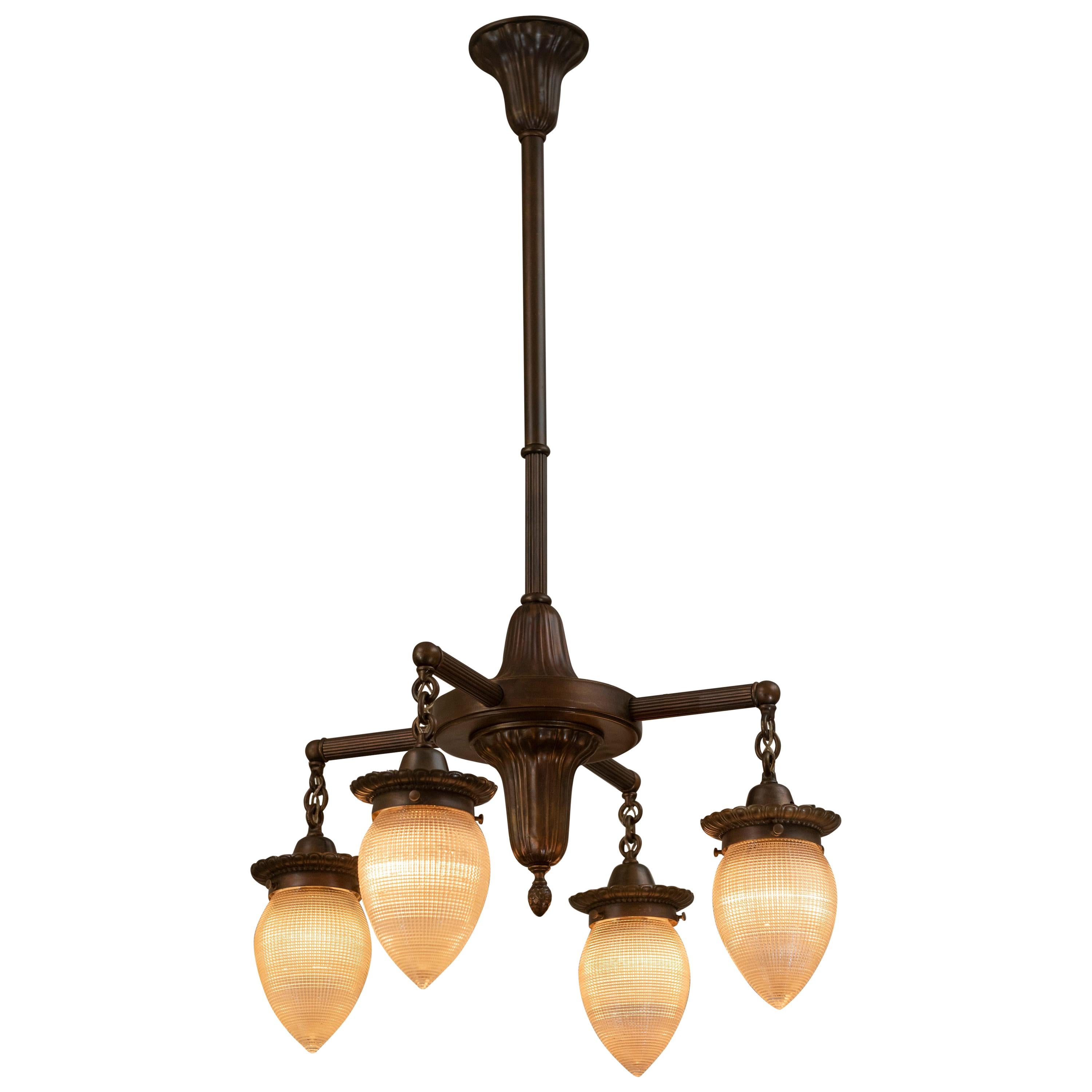 Edwardian or Industrial 4-Arm Chandelier with 4 Holophane Torpedo Shades