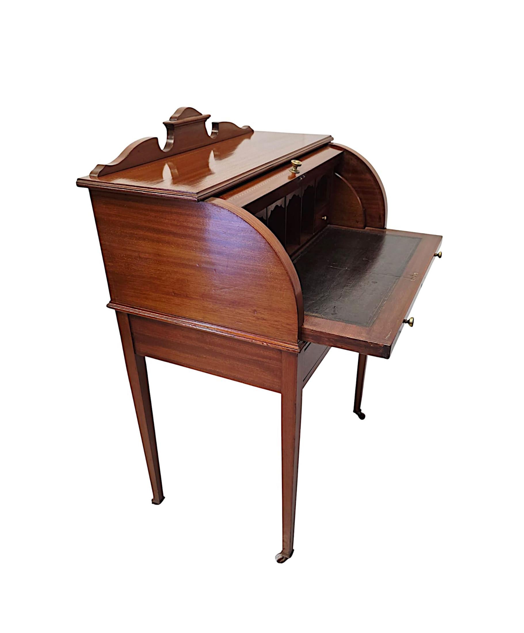 English Edwardian Inlaid Cylinder Desk with Pull Out Leather Writing Slide For Sale