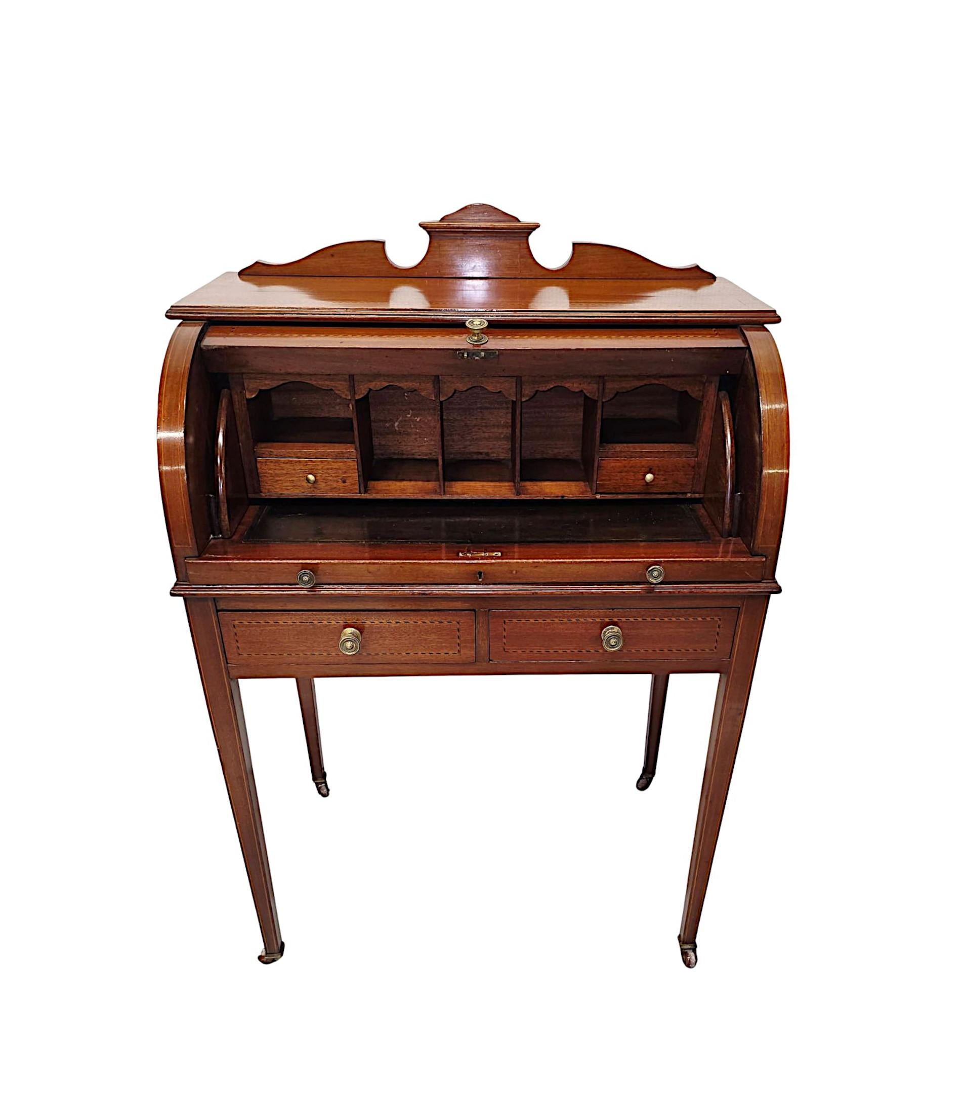 Edwardian Inlaid Cylinder Desk with Pull Out Leather Writing Slide In Good Condition For Sale In Dublin, IE