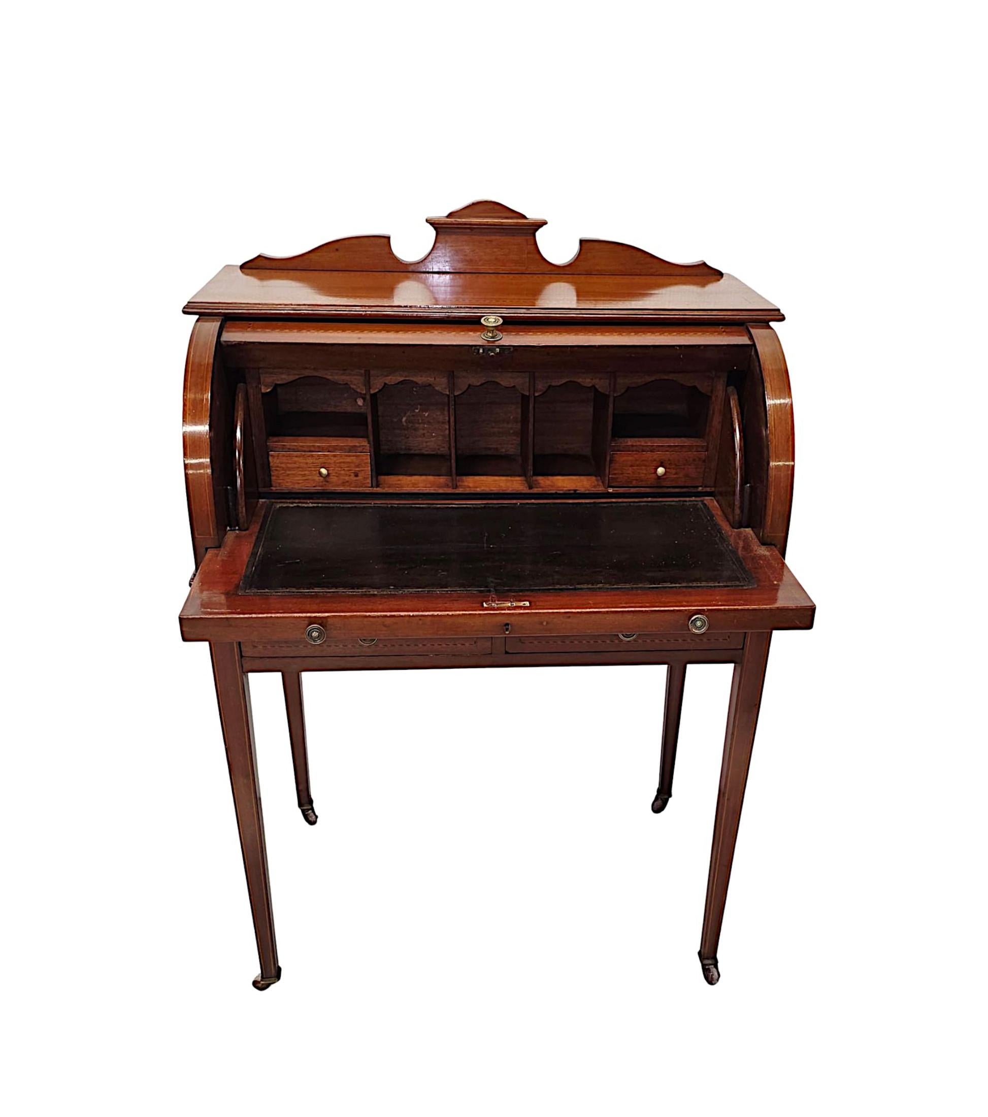20th Century Edwardian Inlaid Cylinder Desk with Pull Out Leather Writing Slide For Sale