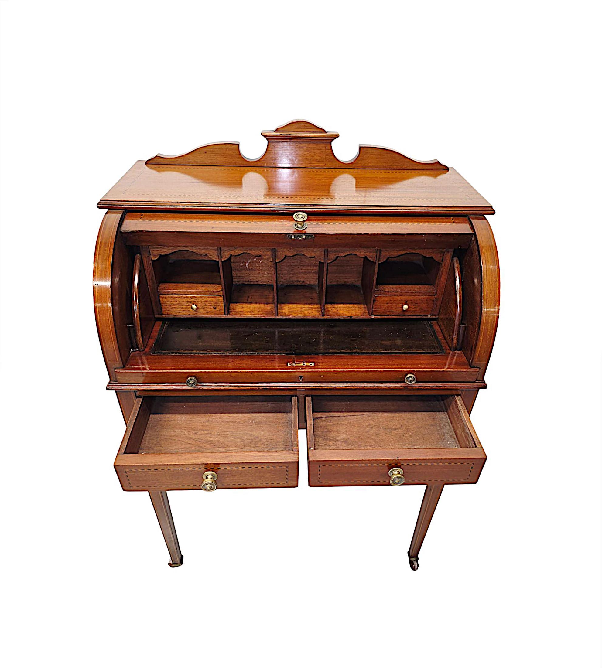 Brass Edwardian Inlaid Cylinder Desk with Pull Out Leather Writing Slide For Sale