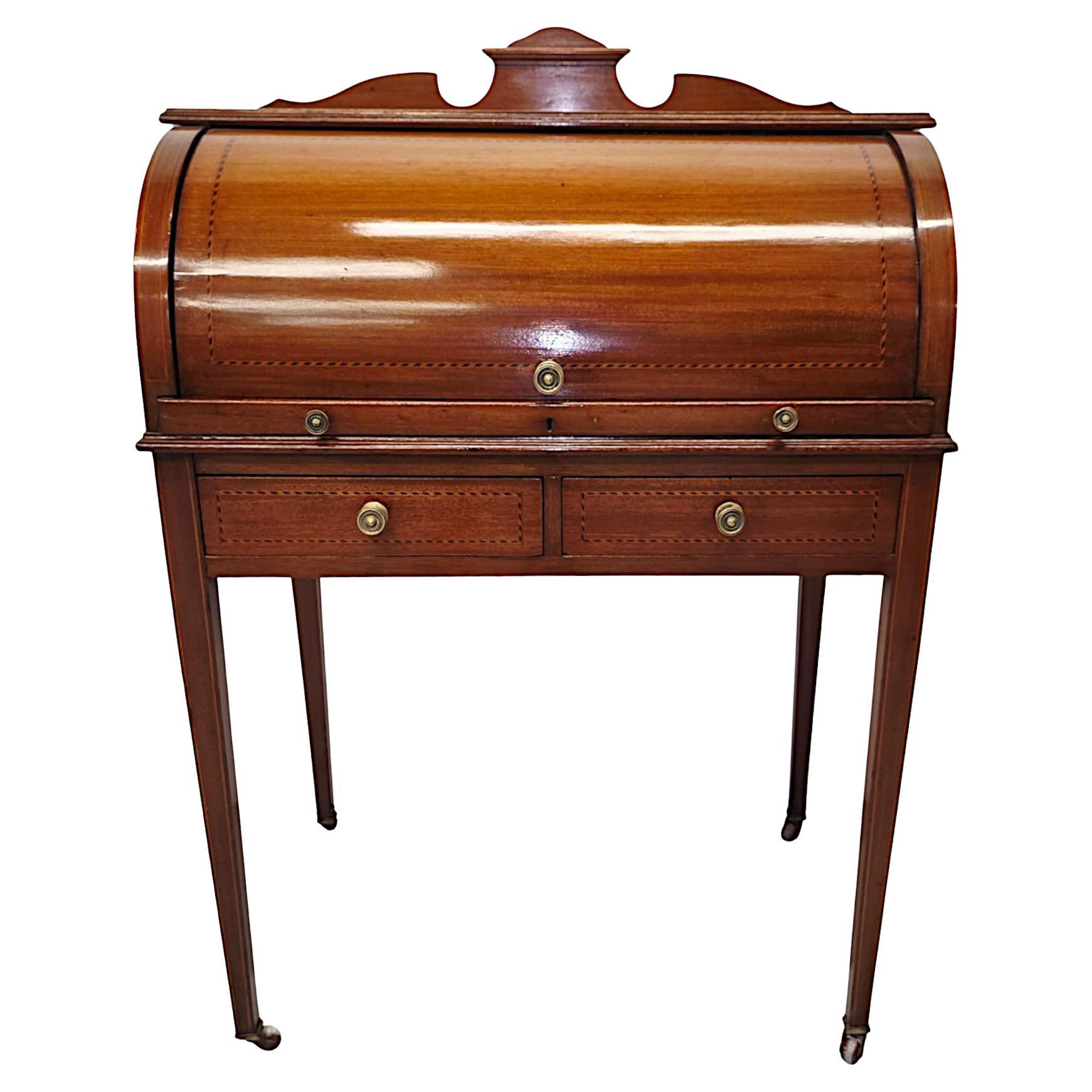 Edwardian Inlaid Cylinder Desk with Pull Out Leather Writing Slide For Sale