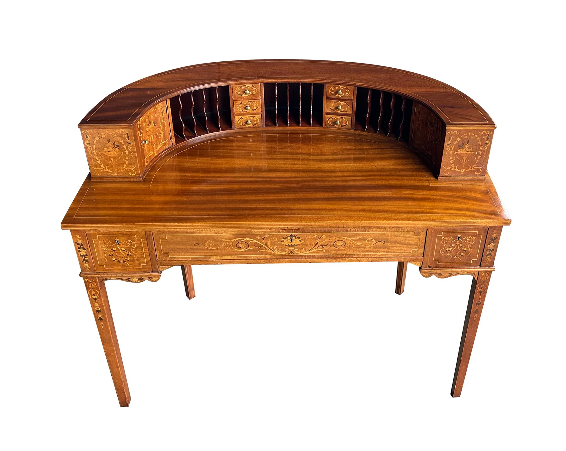 English Edwardian Inlaid Mahogany Carlton House Writing Desk with Marquetry Inlay