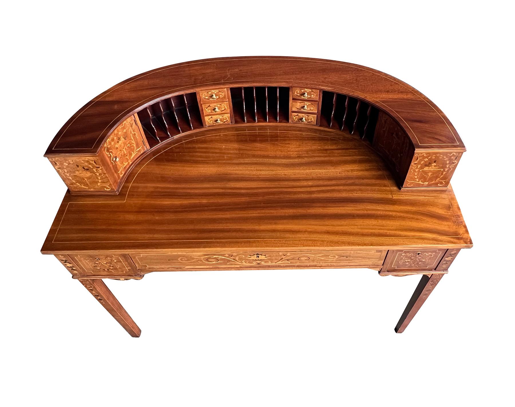 Edwardian Inlaid Mahogany Carlton House Writing Desk with Marquetry Inlay In Good Condition In San Francisco, CA