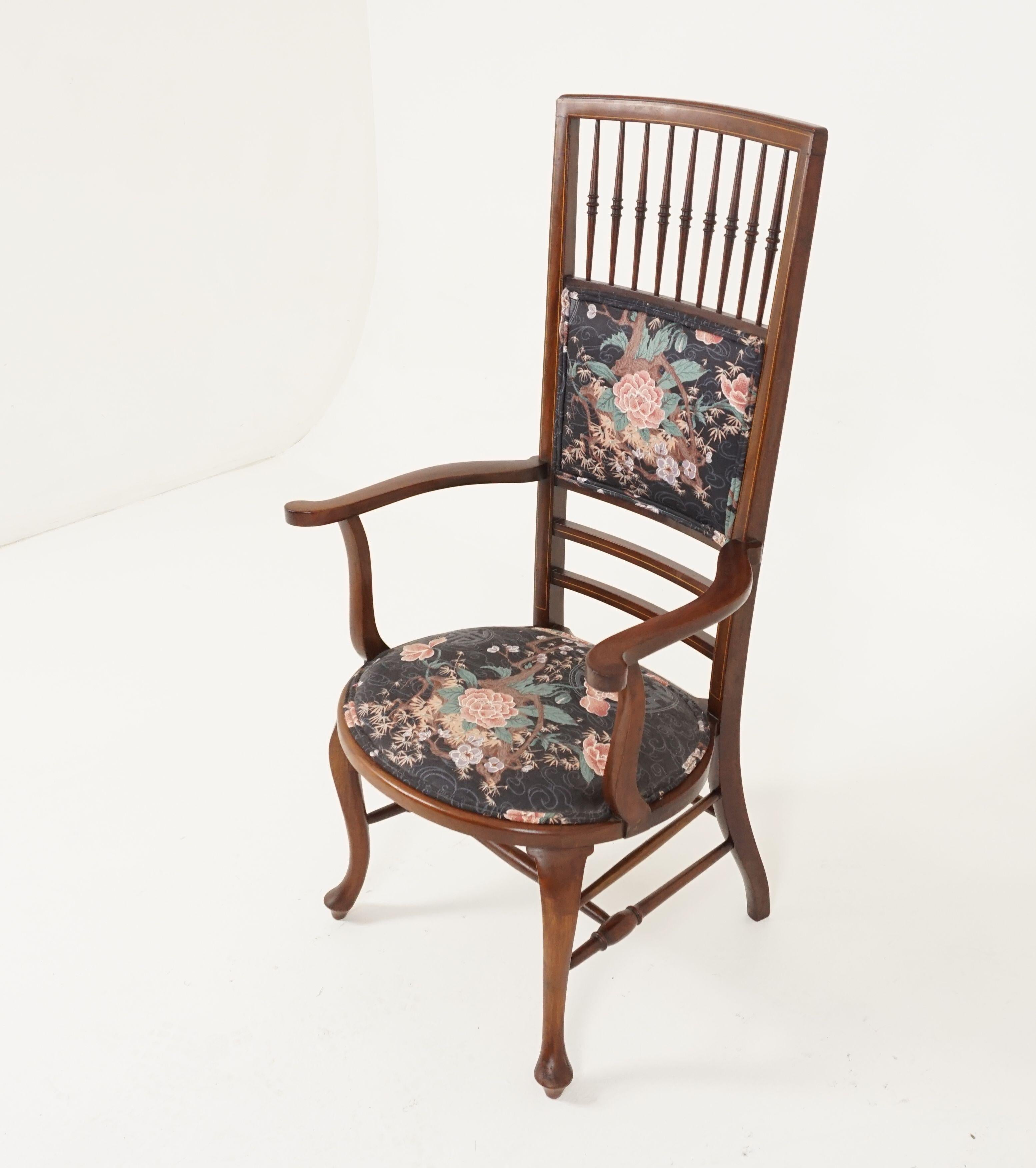 Edwardian inlaid walnut high back occasional arm chair, Scotland 1910, B2505

Scotland, 1910
Solid walnut
Original finish
Inlaid top rail
Open back with turned spindles
Padded back underneath
Pair of inlaid shaped rails below
Out swept arms
Oval