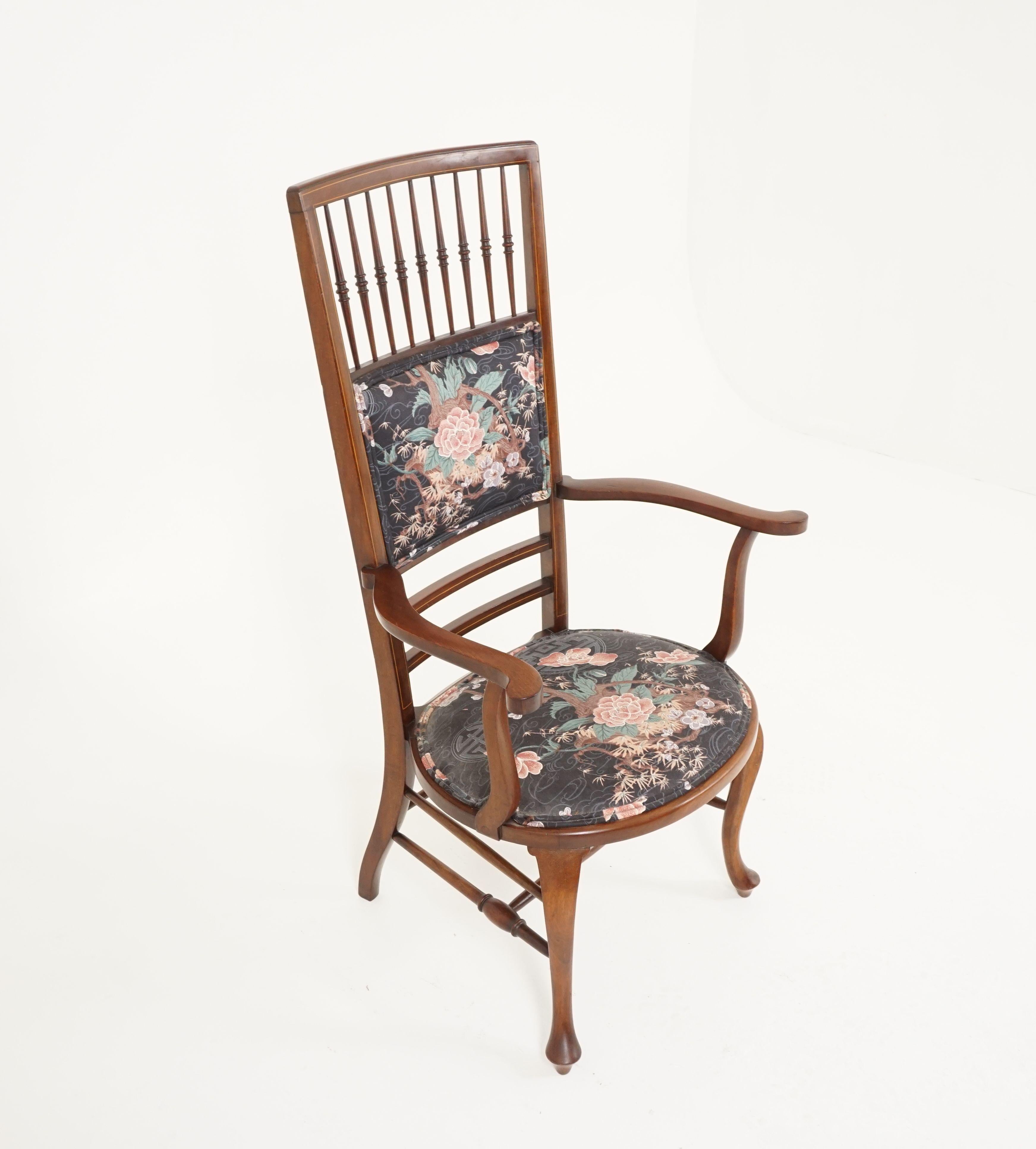 Scottish Edwardian Inlaid Walnut High Back Occasional Arm Chair, Scotland 1910, B2505