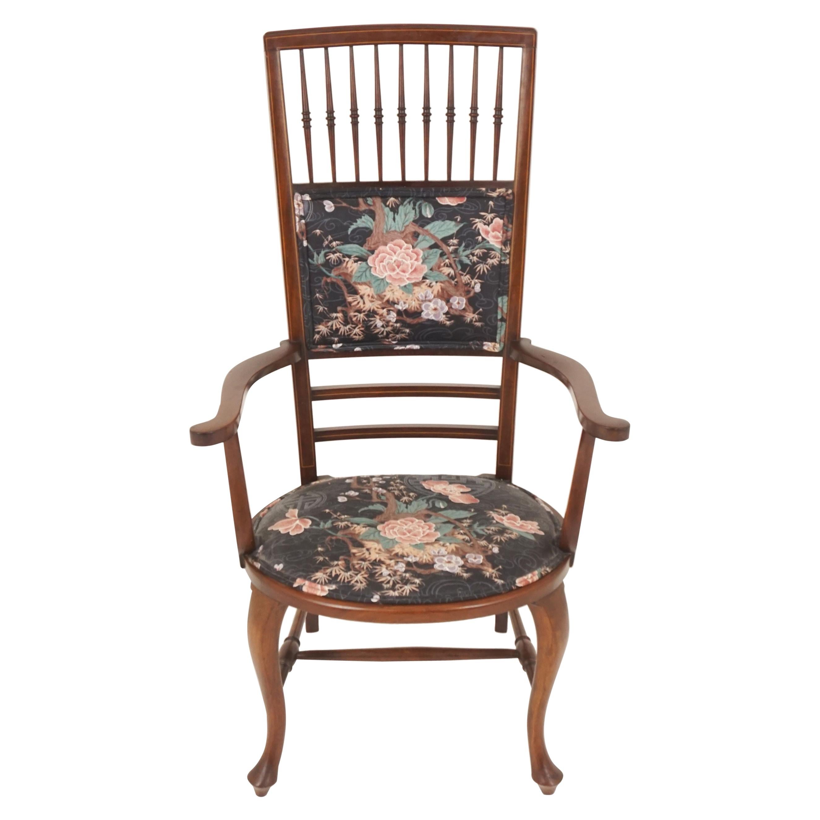 Edwardian Inlaid Walnut High Back Occasional Arm Chair, Scotland 1910, B2505