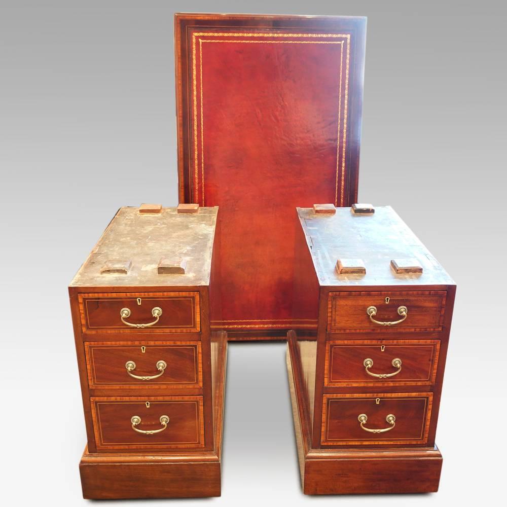 Edwardian inlaid mahogany pedestal desk
We are delighted to offer you this Edwardian inlaid mahogany pedestal desk, that would have been first made circa 1910.
The high grade mahogany has the very attractive and desirable satinwood banding and the