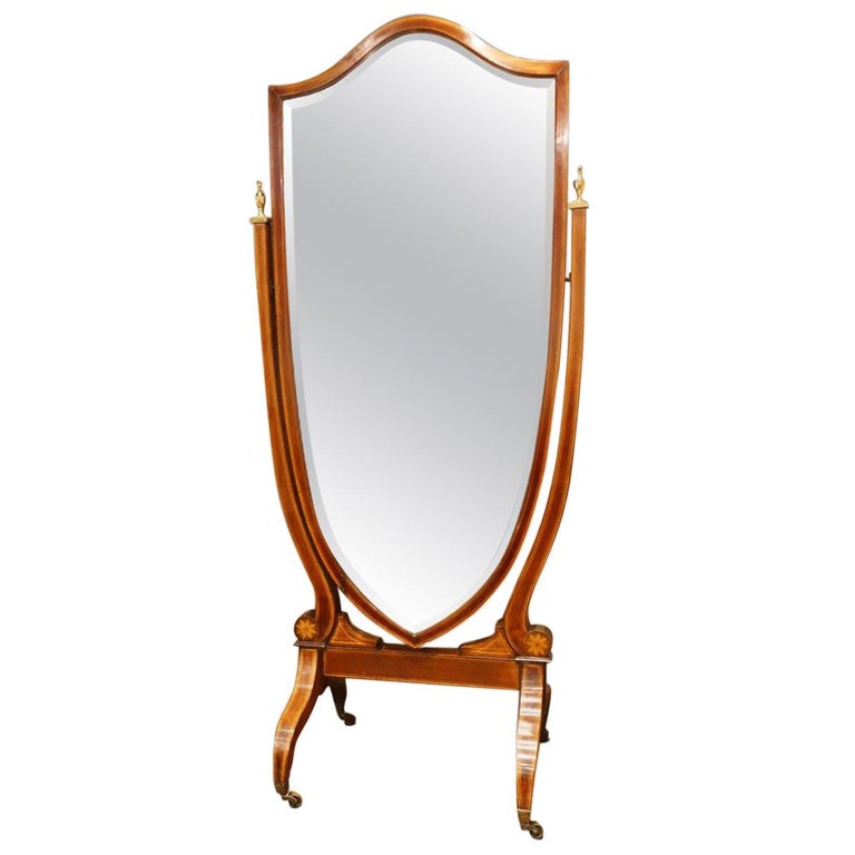 Edwardian Inlaid Mahogany Shield Shape Cheval Mirror For Sale at 1stDibs