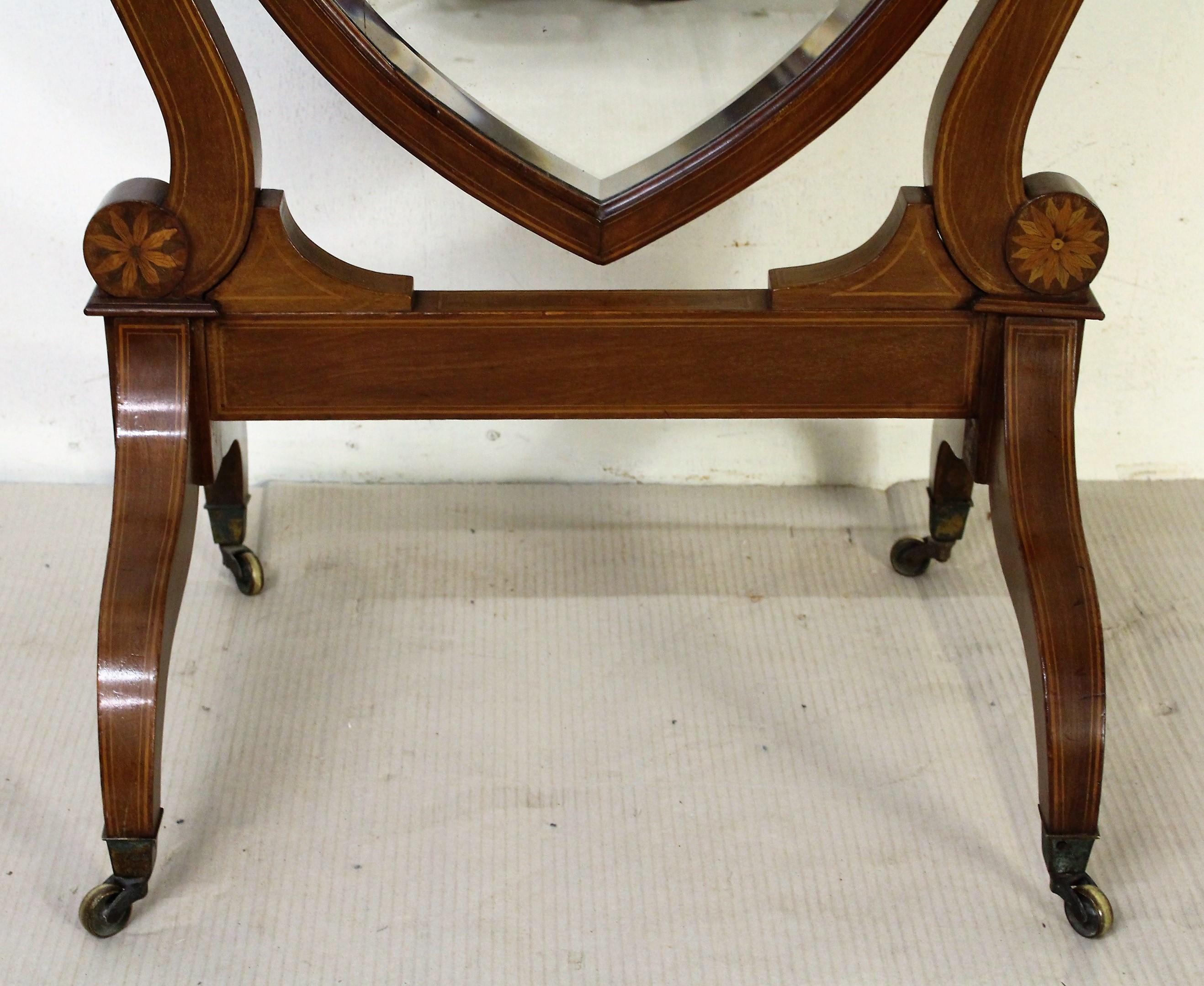 Edwardian Inlaid Mahogany Shield Shaped Cheval Dressing Mirror In Good Condition In Poling, West Sussex