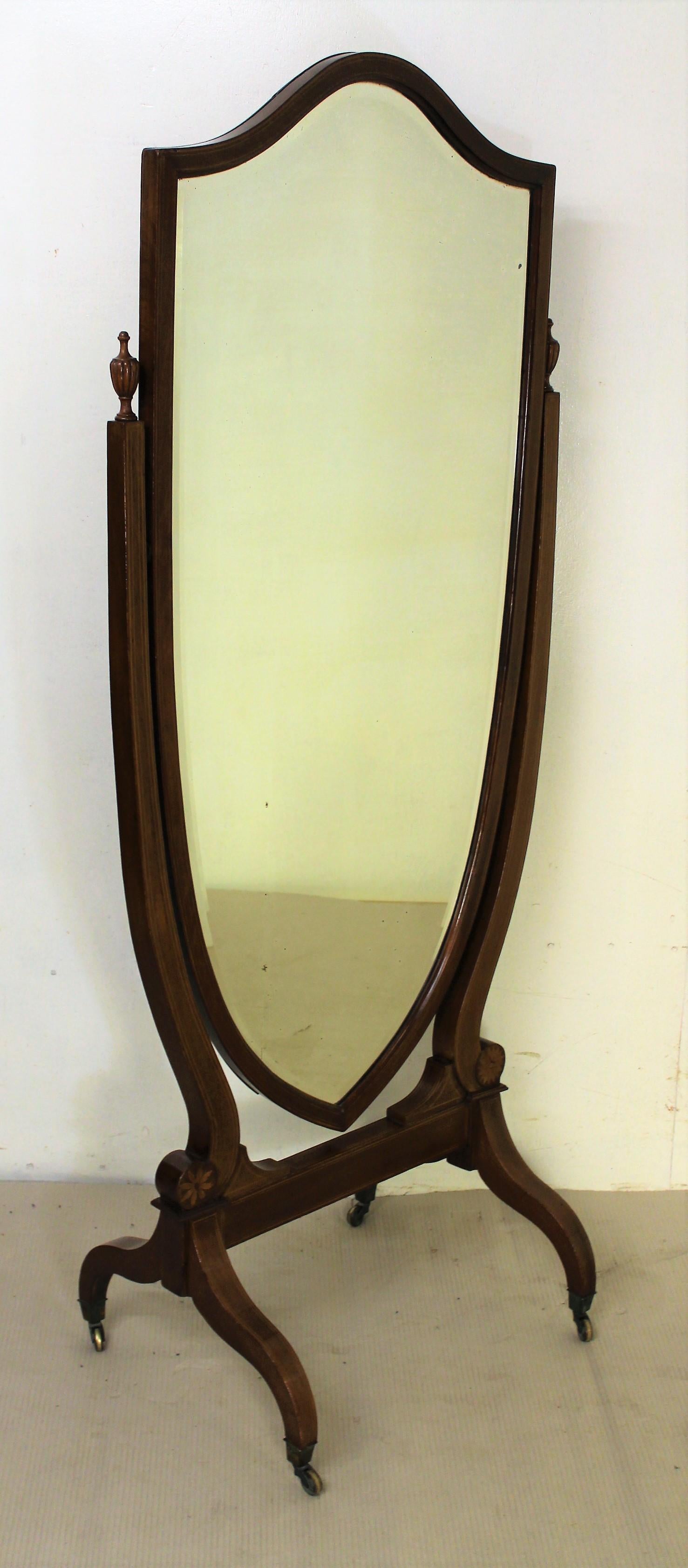 Edwardian Inlaid Mahogany Shield Shaped Cheval Dressing Mirror 3