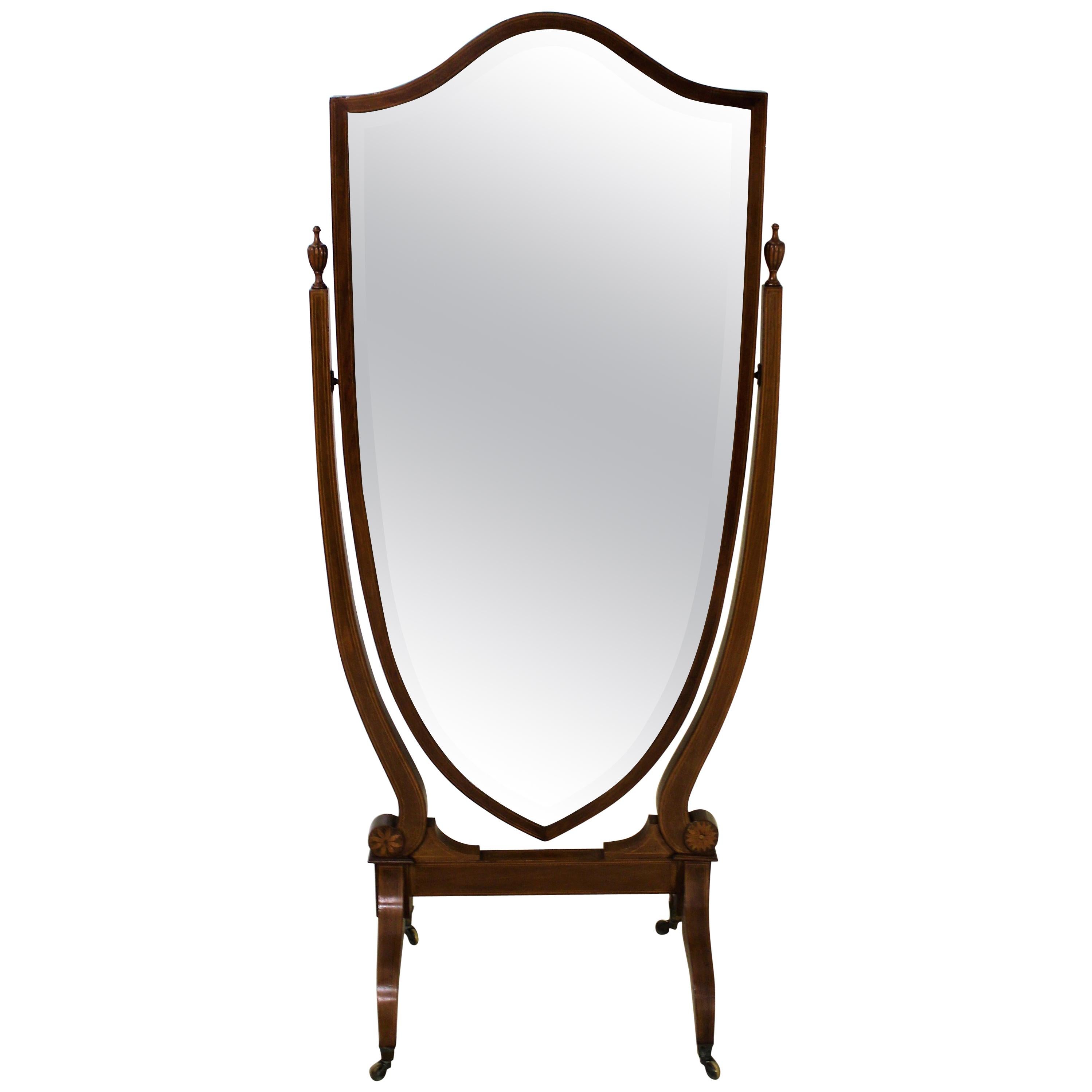 Edwardian Inlaid Mahogany Shield Shaped Cheval Dressing Mirror