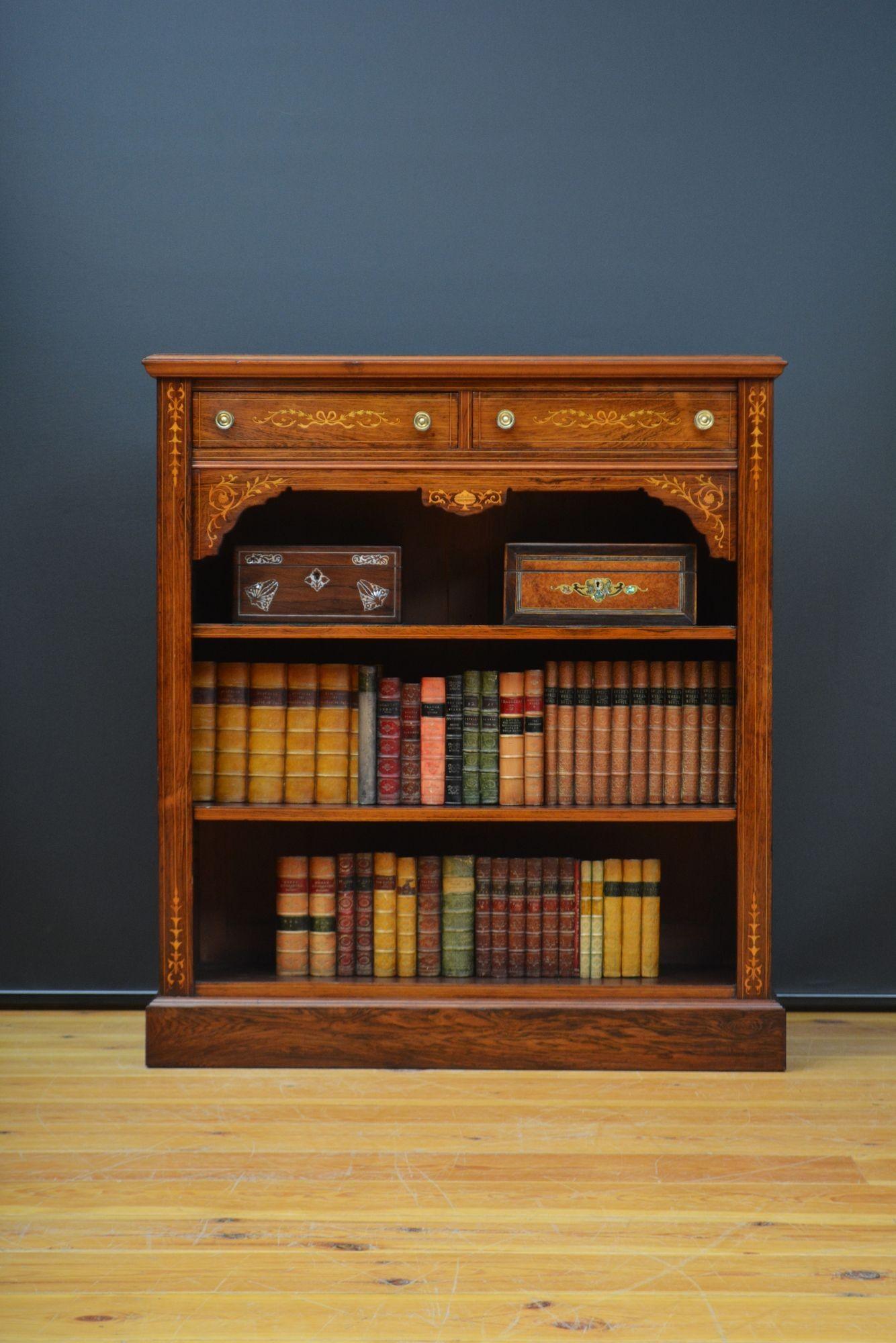 Sn5655 Very attractive inlaid open bookcase, having well figured top with moulded edge above two frieze drawers with decorative inlays and original brass handles, tow height adjustable shelves below, all flanked by string inlaid pilasters, standing