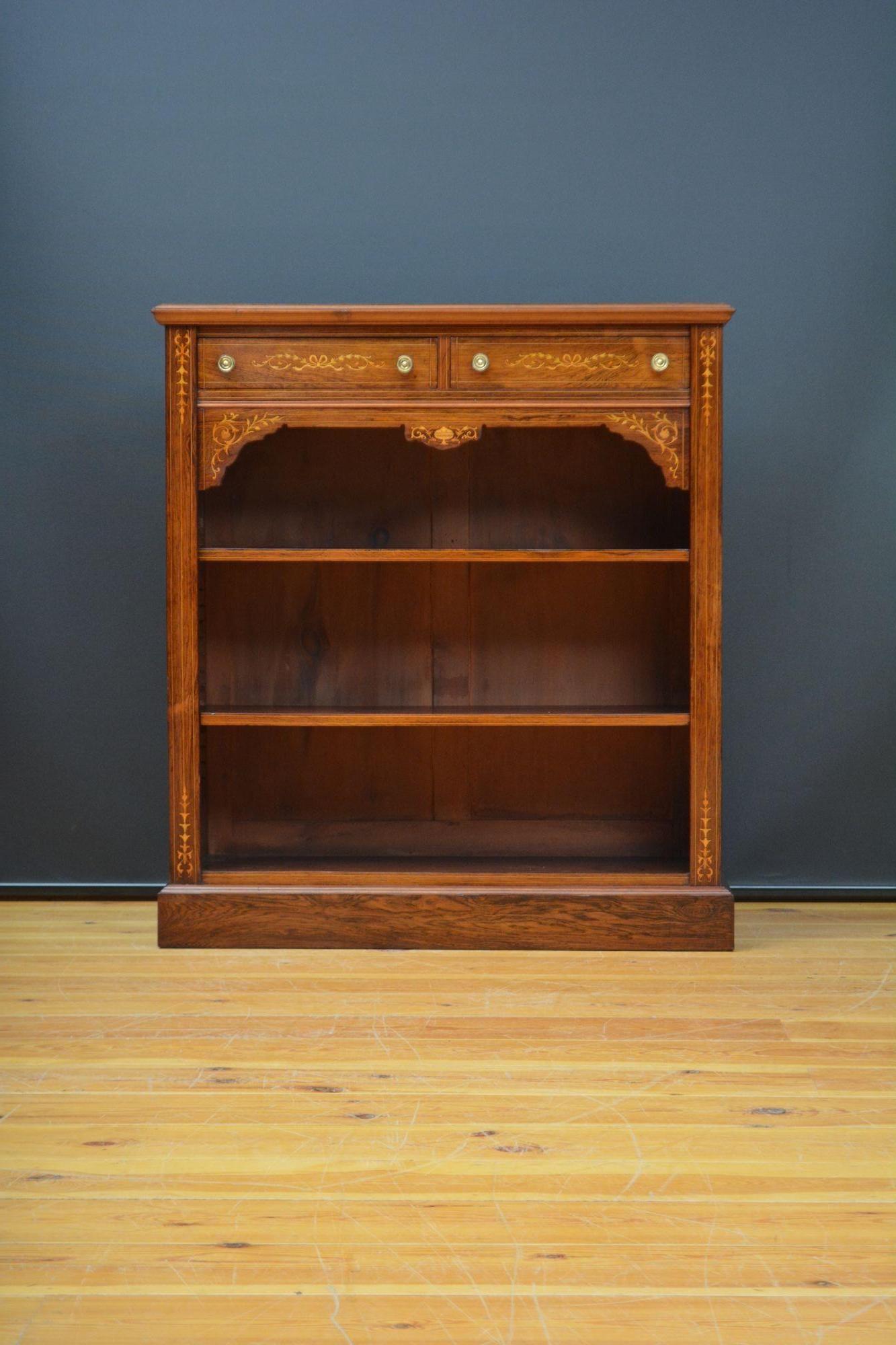 English Edwardian Inlaid Open Bookcase in Rosewood For Sale
