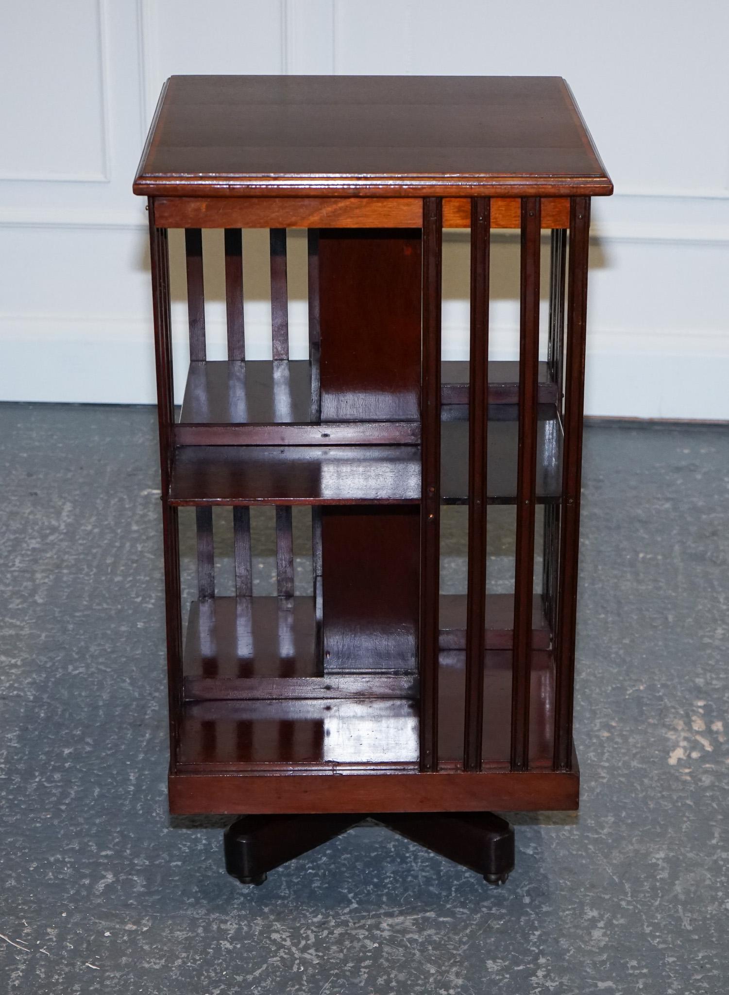 British Edwardian Inlaid Sheraton Revival Two Tier Revolving Bookcase For Sale