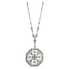 Edwardian-Inspired 18k White Gold Diamond and Pearl Filigree Pendant Necklace