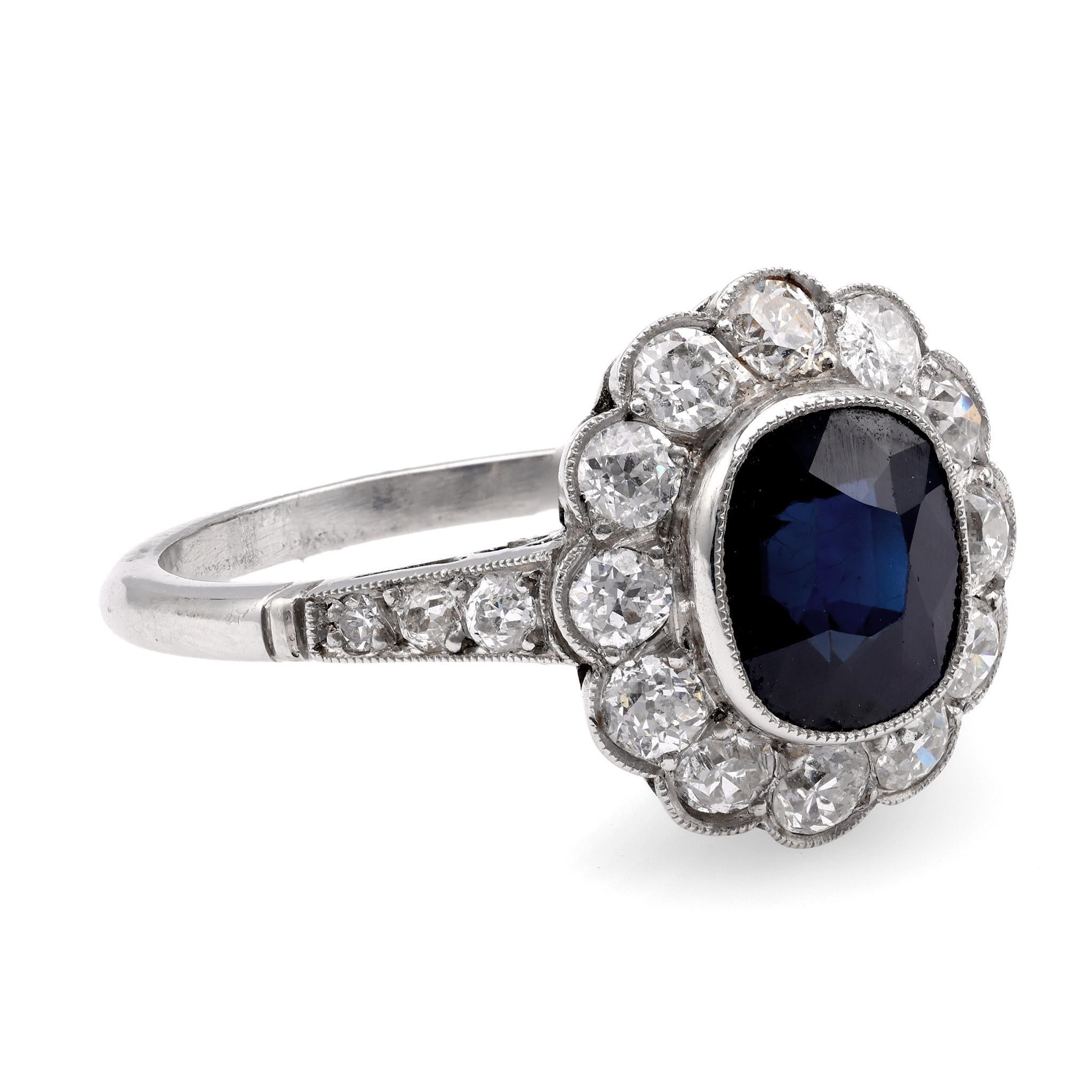 Edwardian Inspired 2.06 Carat Cushion Cut Sapphire Diamond Platinum Cluster Ring In Excellent Condition For Sale In Beverly Hills, CA