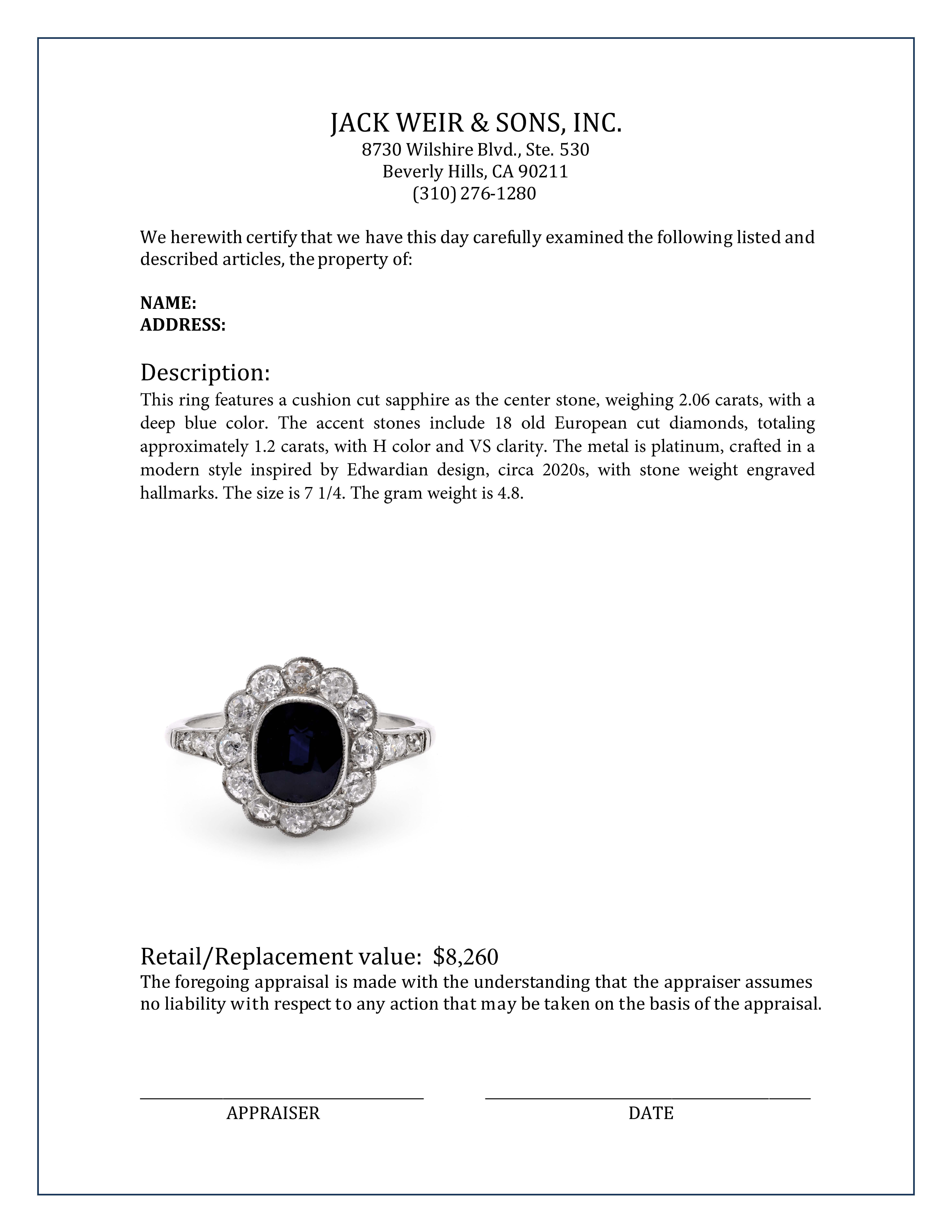 Women's or Men's Edwardian Inspired 2.06 Carat Cushion Cut Sapphire Diamond Platinum Cluster Ring For Sale