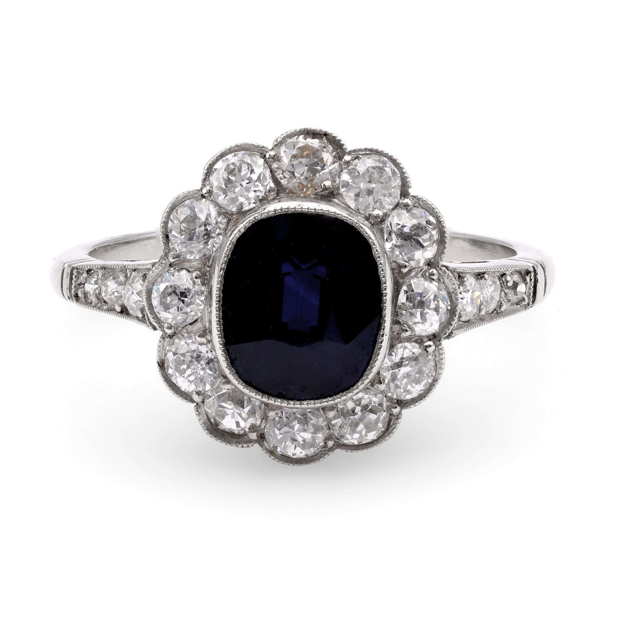 Edwardian Inspired 2.06 Carat Cushion Cut Sapphire Diamond Platinum Cluster Ring For Sale