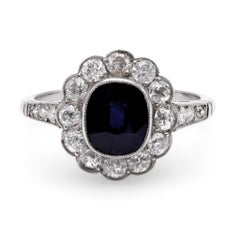 Antique Edwardian Inspired 2.06 Carat Cushion Cut Sapphire Diamond Platinum Cluster Ring