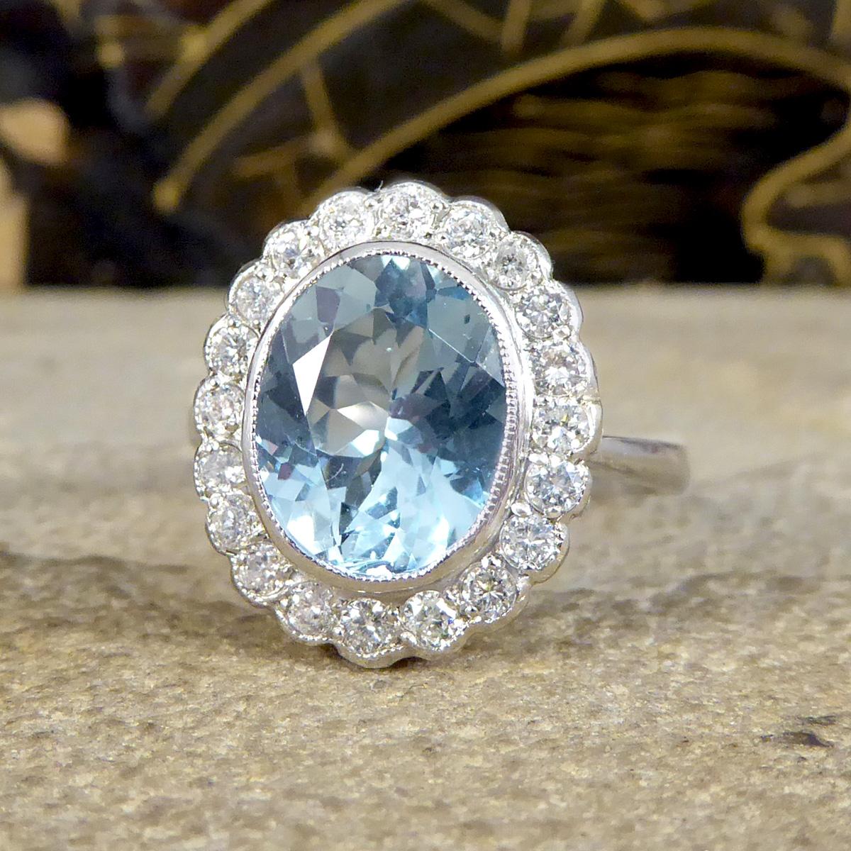 Brilliant Cut Edwardian Inspired 2.25 Carat Aquamarine and Diamond Cluster Ring in Platinum
