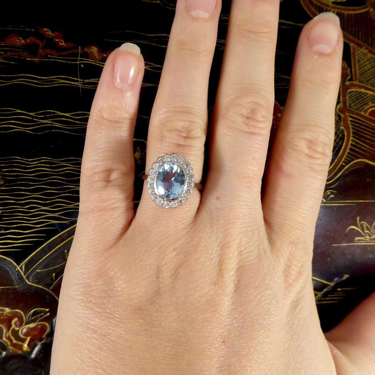 Women's or Men's Edwardian Inspired 2.25 Carat Aquamarine and Diamond Cluster Ring in Platinum