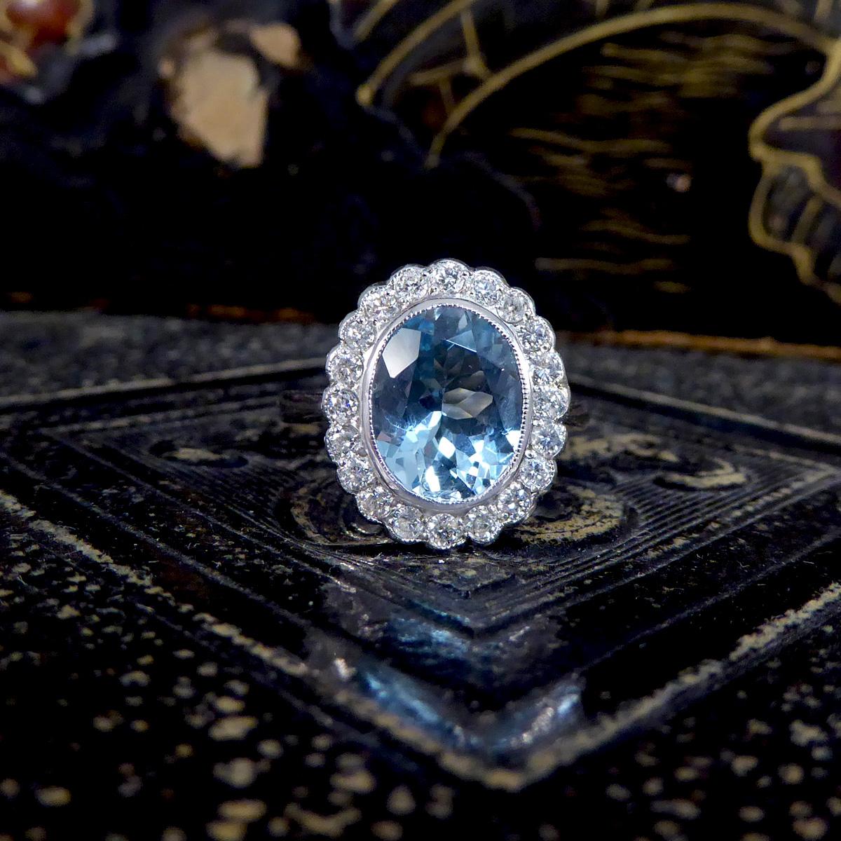 Edwardian Inspired 2.25 Carat Aquamarine and Diamond Cluster Ring in Platinum 1