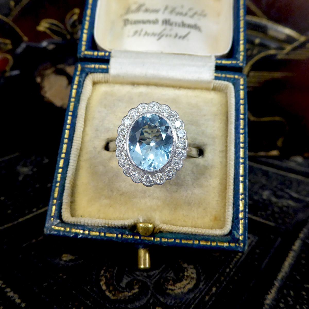 Edwardian Inspired 2.25 Carat Aquamarine and Diamond Cluster Ring in Platinum 2