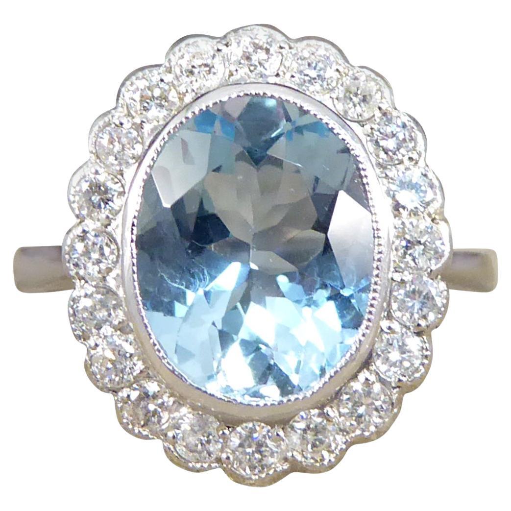 Edwardian Inspired 2.25 Carat Aquamarine and Diamond Cluster Ring in Platinum
