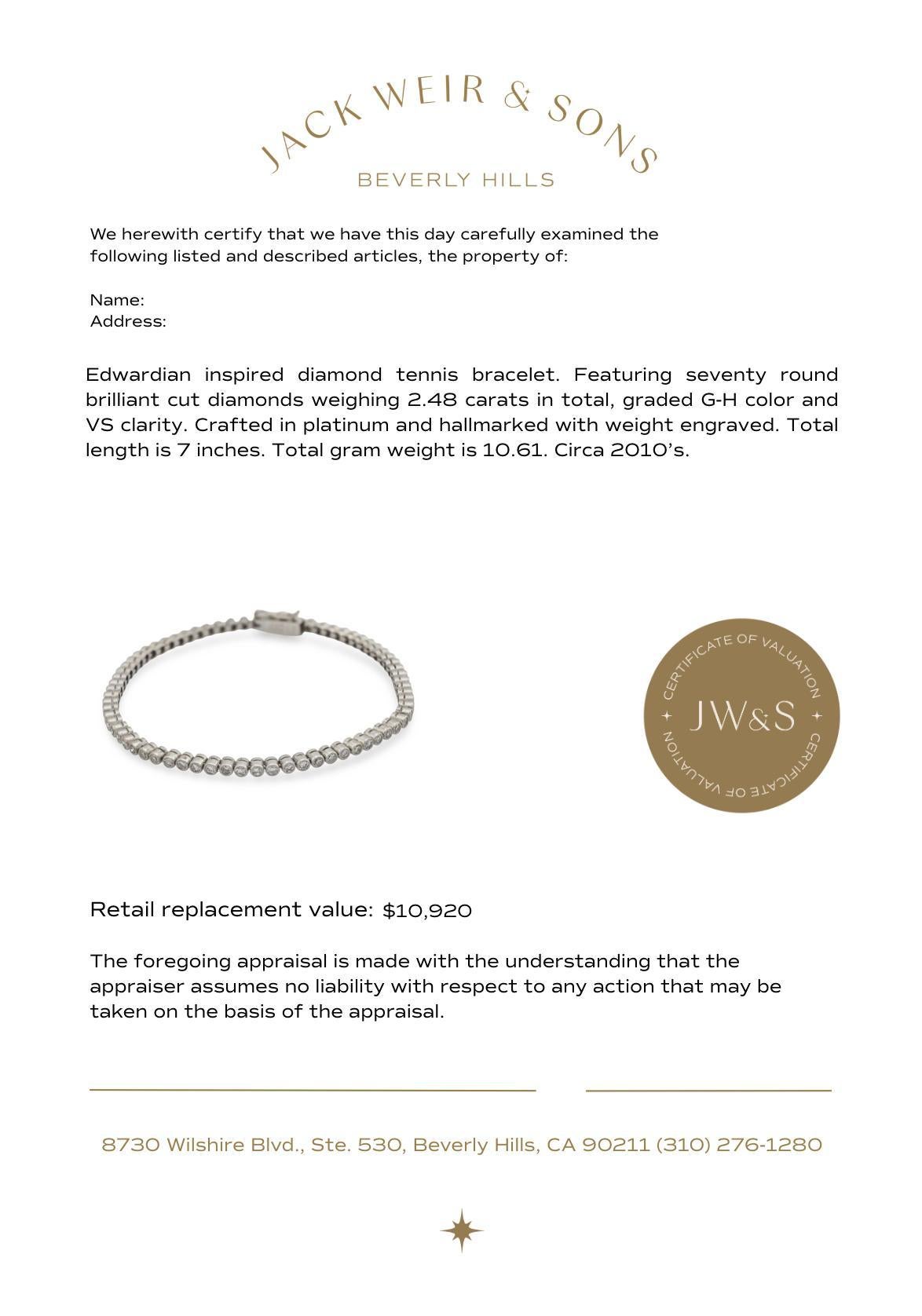 Pulsera de tenis de platino con diamantes de 2,48 quilates de inspiración eduardiana en venta 1