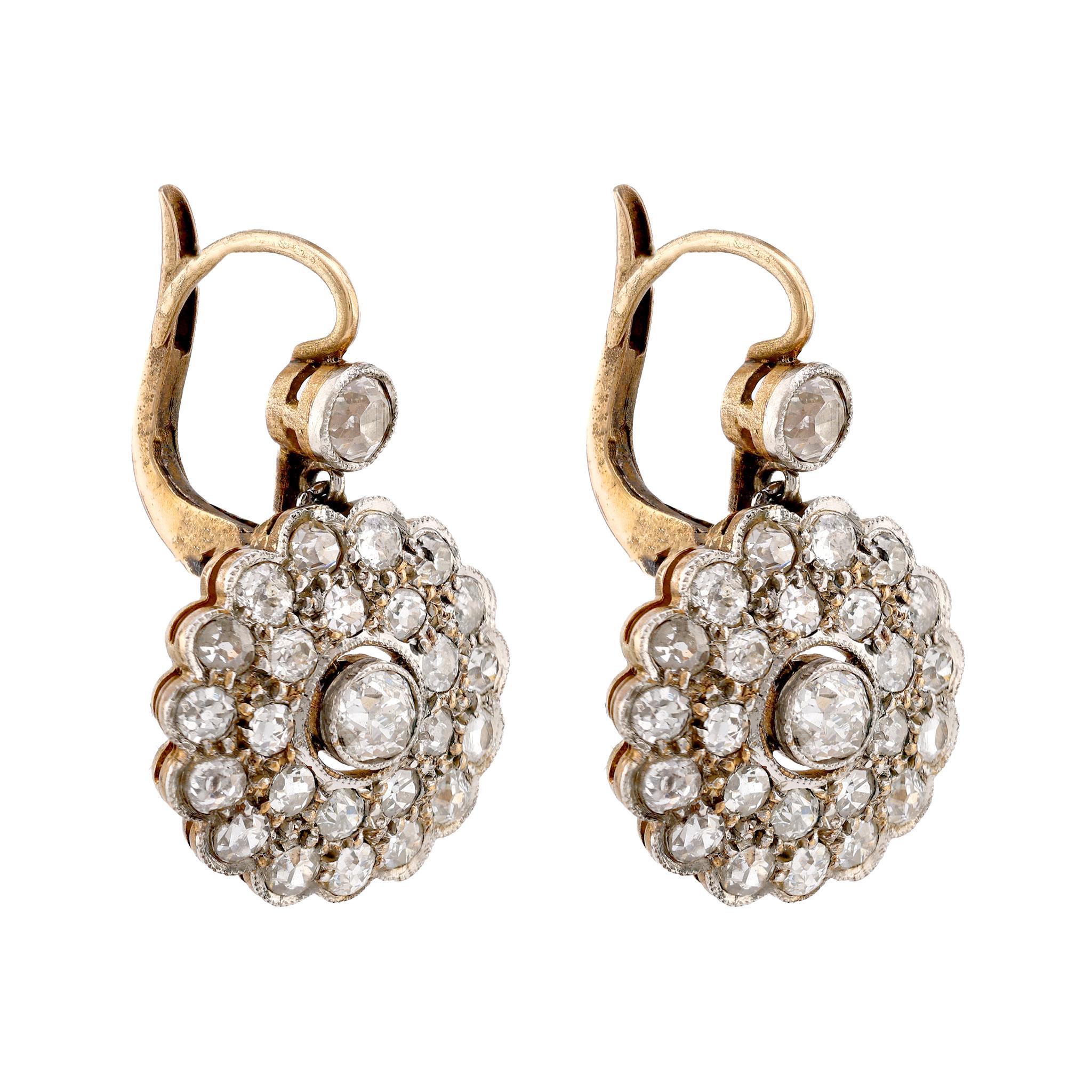 Old Mine Cut Edwardian Inspired 2.5 Carat Old Mine Diamond 18K Yellow Gold Cluster Earrings