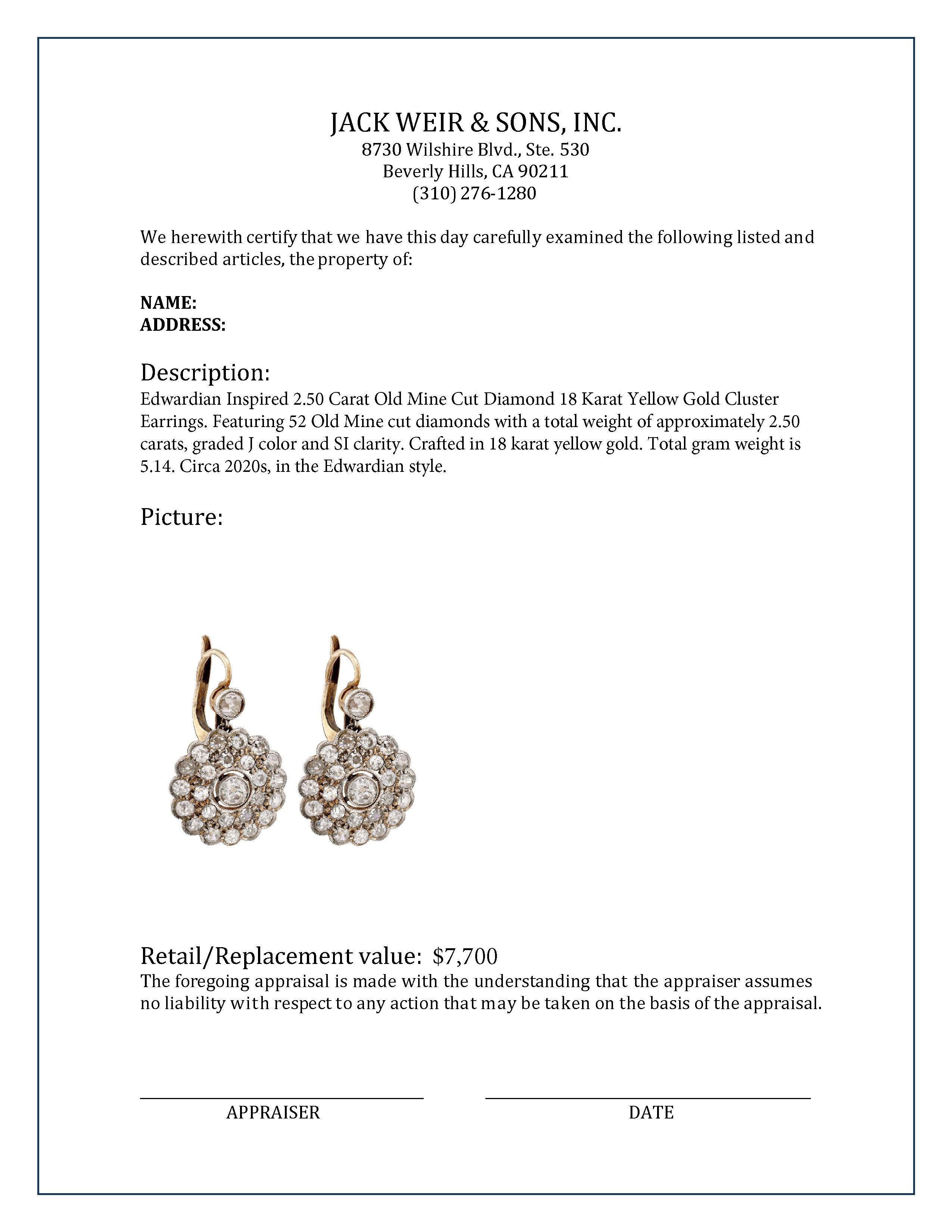 Women's or Men's Edwardian Inspired 2.5 Carat Old Mine Diamond 18K Yellow Gold Cluster Earrings