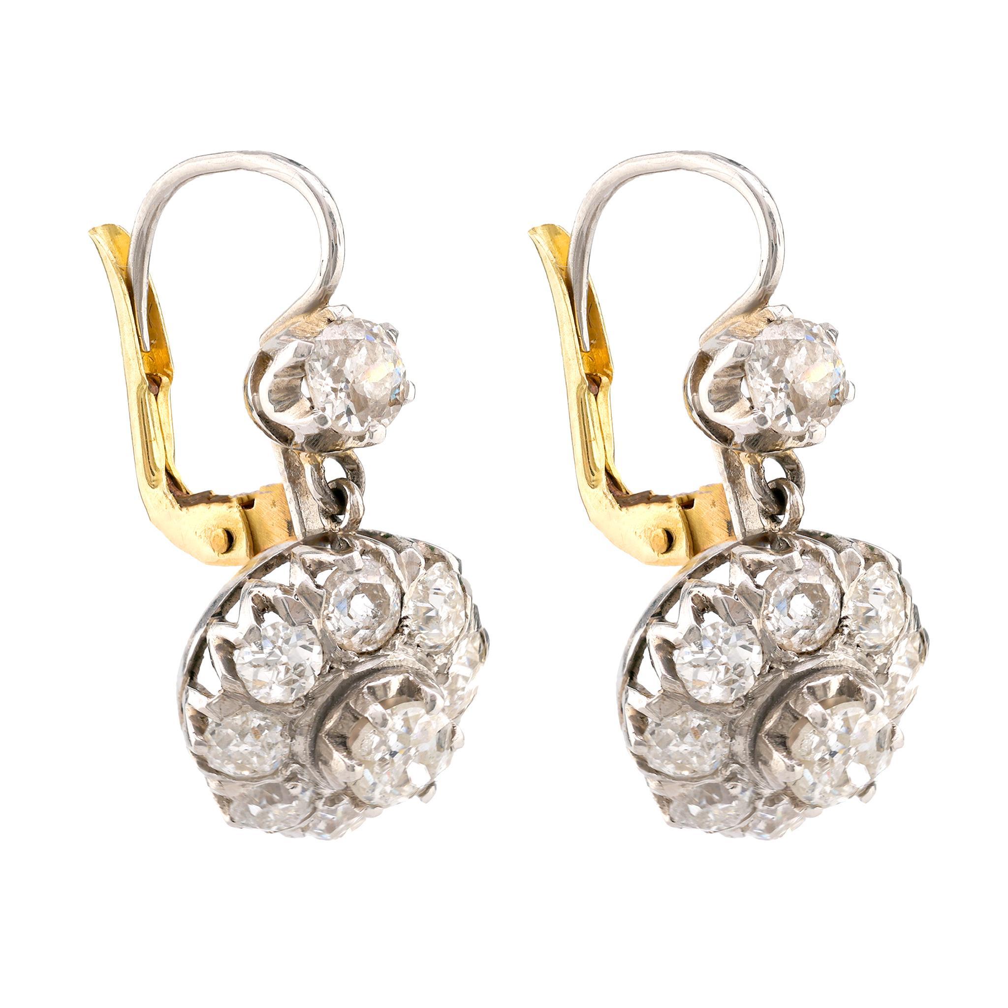 Old Mine Cut Edwardian Inspired 3 Carat Old Mine Diamond Platinum Earrings For Sale