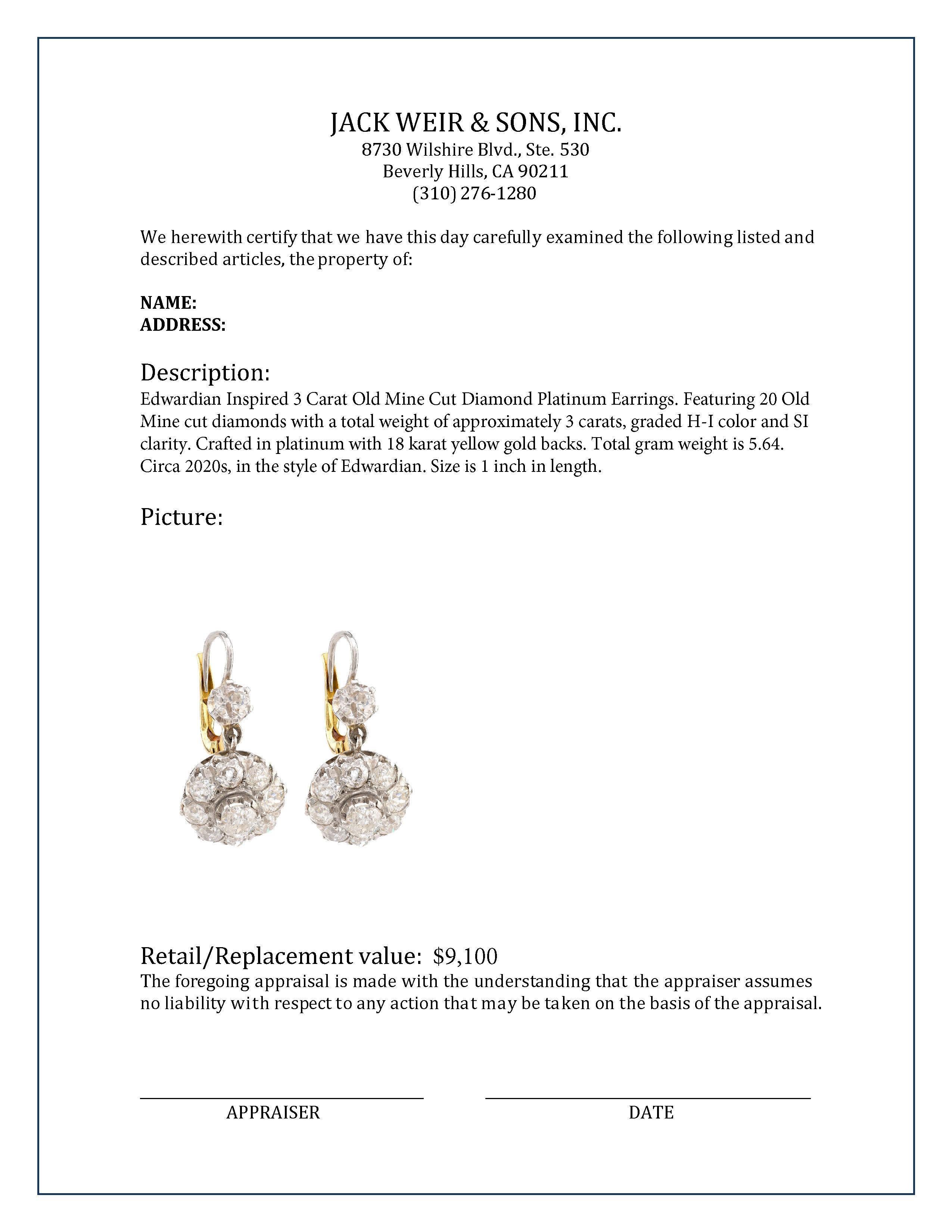 Women's or Men's Edwardian Inspired 3 Carat Old Mine Diamond Platinum Earrings For Sale