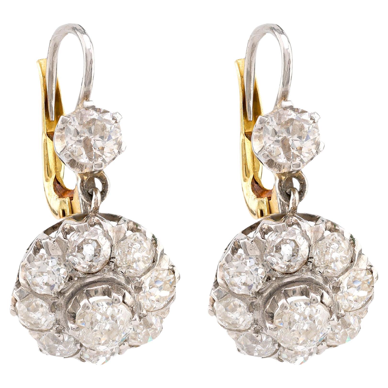 Edwardian Inspired 3 Carat Old Mine Diamond Platinum Earrings